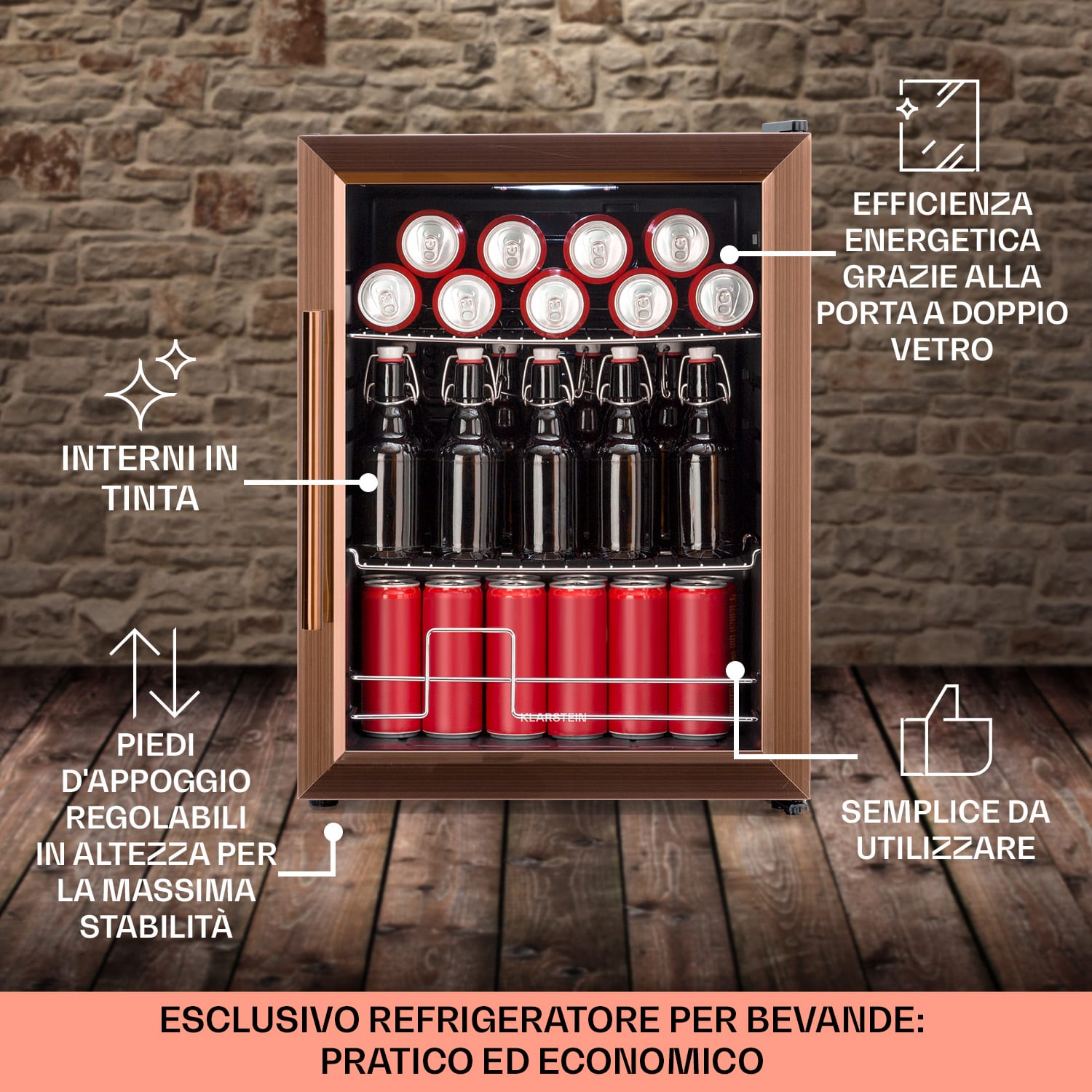 Beersafe XL Frigorifero, 60 litri, 2 ripiani, sportello panoramico di vetro a doppio isolamento, acciaio inox 60 Ltr | Rame metallizzato