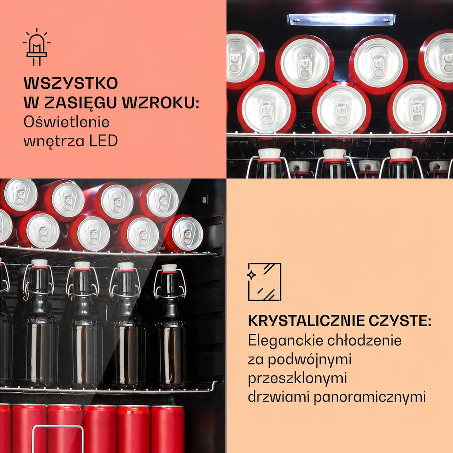 Beersafe XL, lodówka na napoje, 60 l, 2 półki, podwójnie izolowane szklane drzwi panoramiczne, stal nierdzewna 60 L | E | Czarny | Miedź