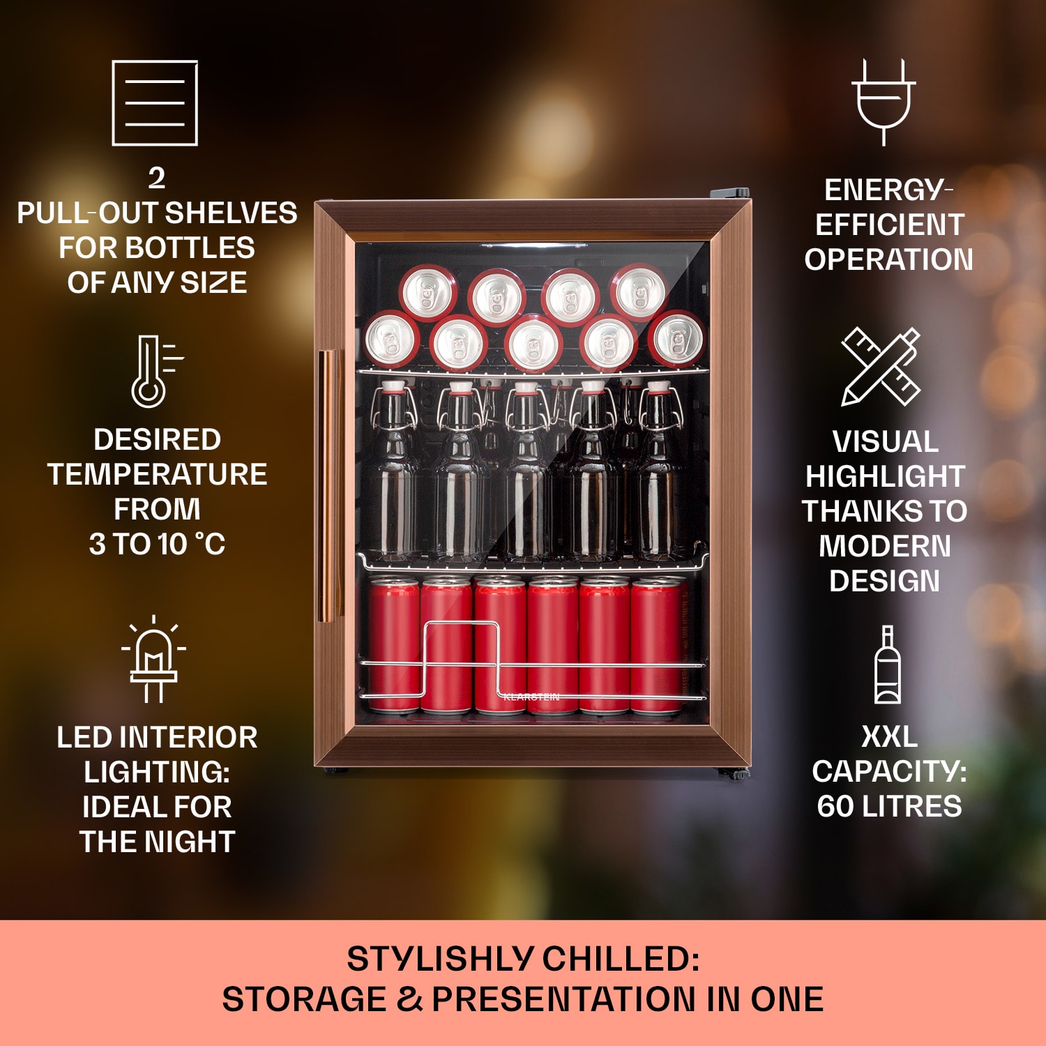 Beersafe XL koelkast 60 liter 2 schappen dubbel geïsoleerde, glazen panoramadeur rvs 60 ltr | Koper Metallic