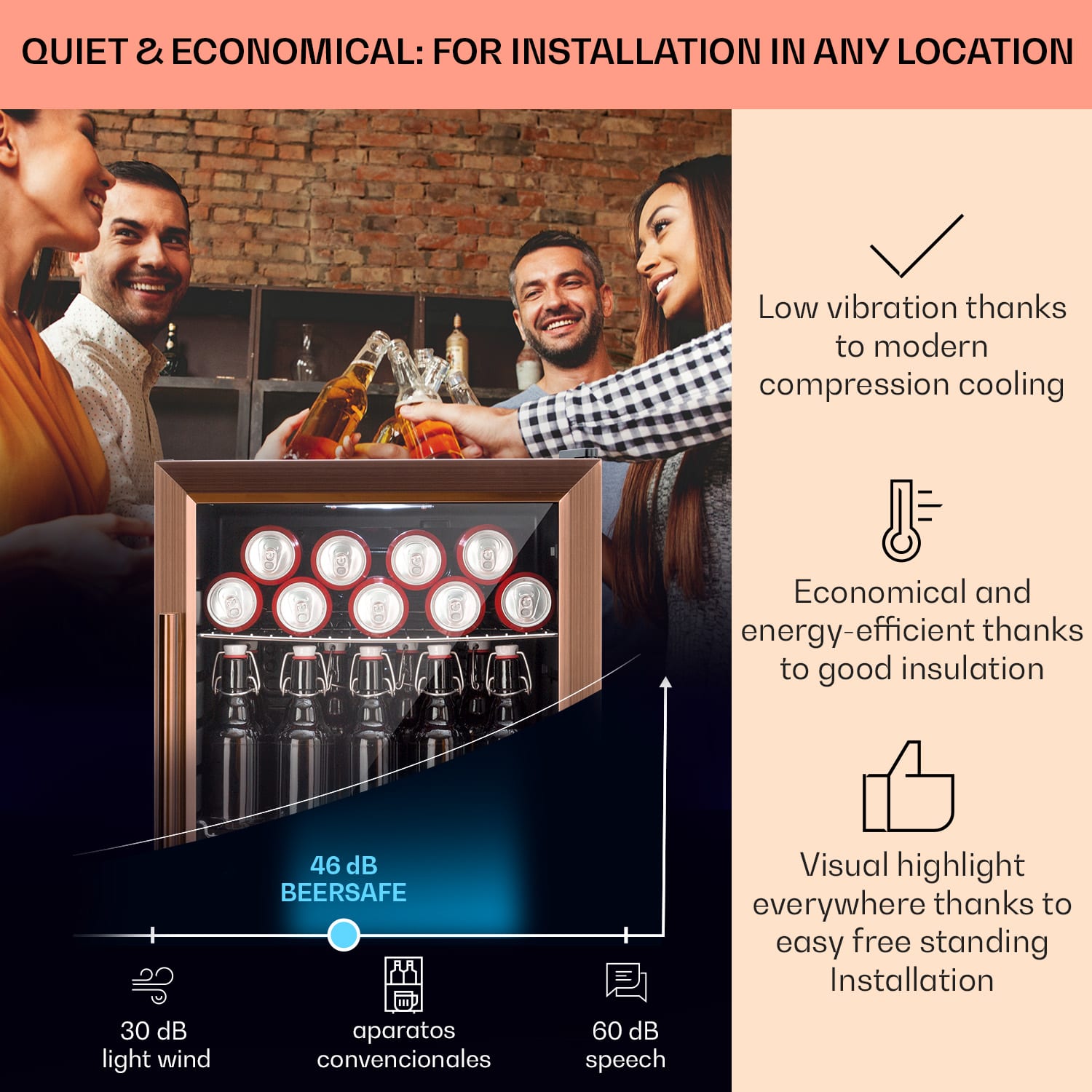 Beersafe XL koelkast 60 liter 2 schappen dubbel geïsoleerde, glazen panoramadeur rvs 60 ltr | Koper Metallic
