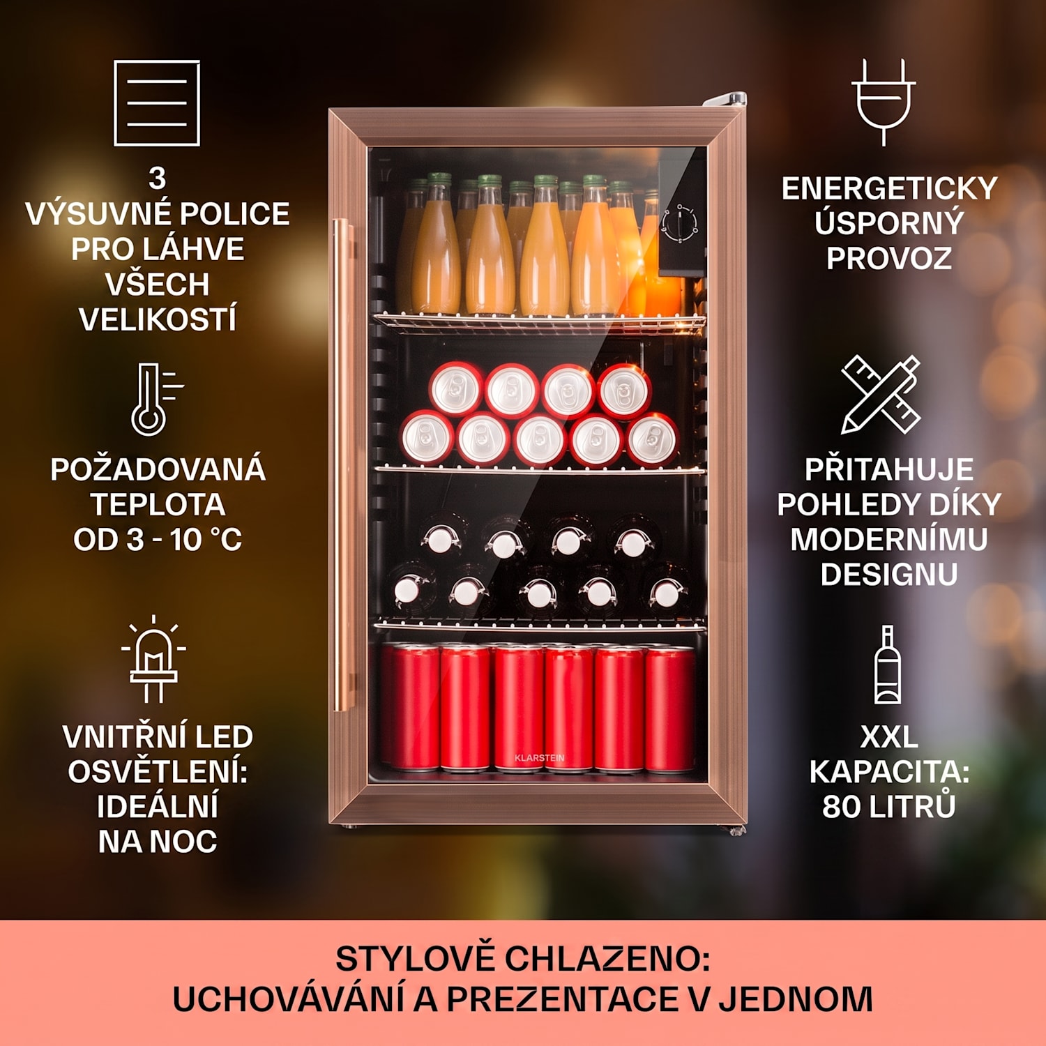 Beersafe XXL, lednice, 80 l, 3 police, panoramatická skleněná dvířka 80 L | Černá | Měděná