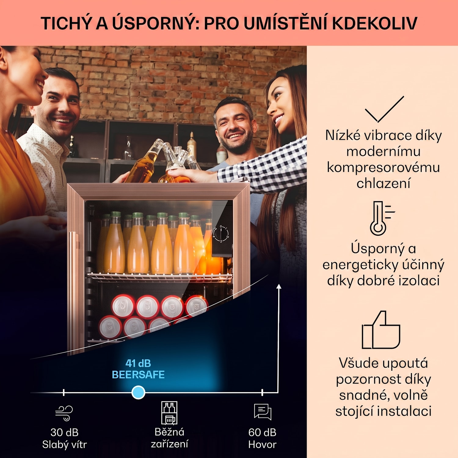 Beersafe XXL, lednice, 80 l, 3 police, panoramatická skleněná dvířka 80 L | Černá | Měděná