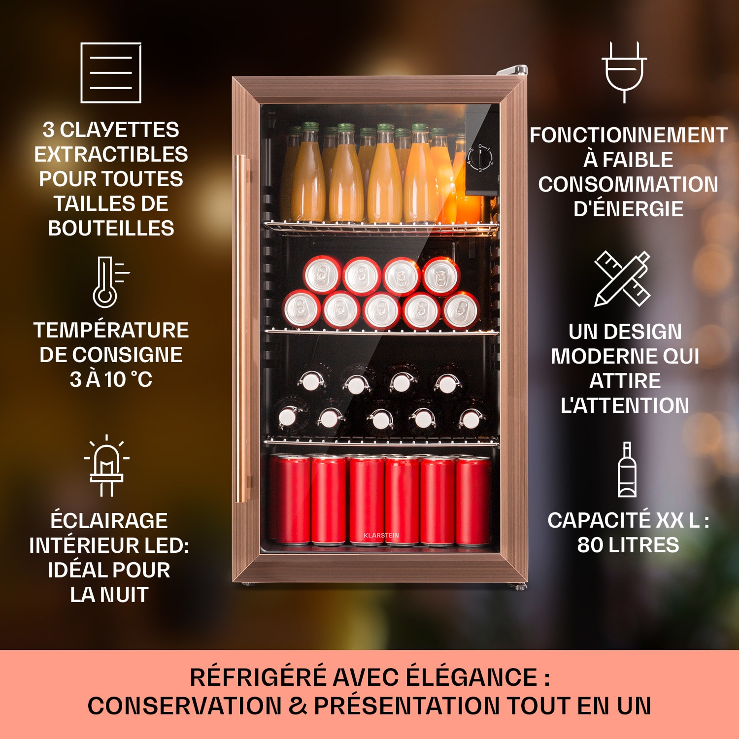 Beersafe XXL koelkast 80 liter 3 schappen glazen panoramadeur 80 ltr | Koper Metallic