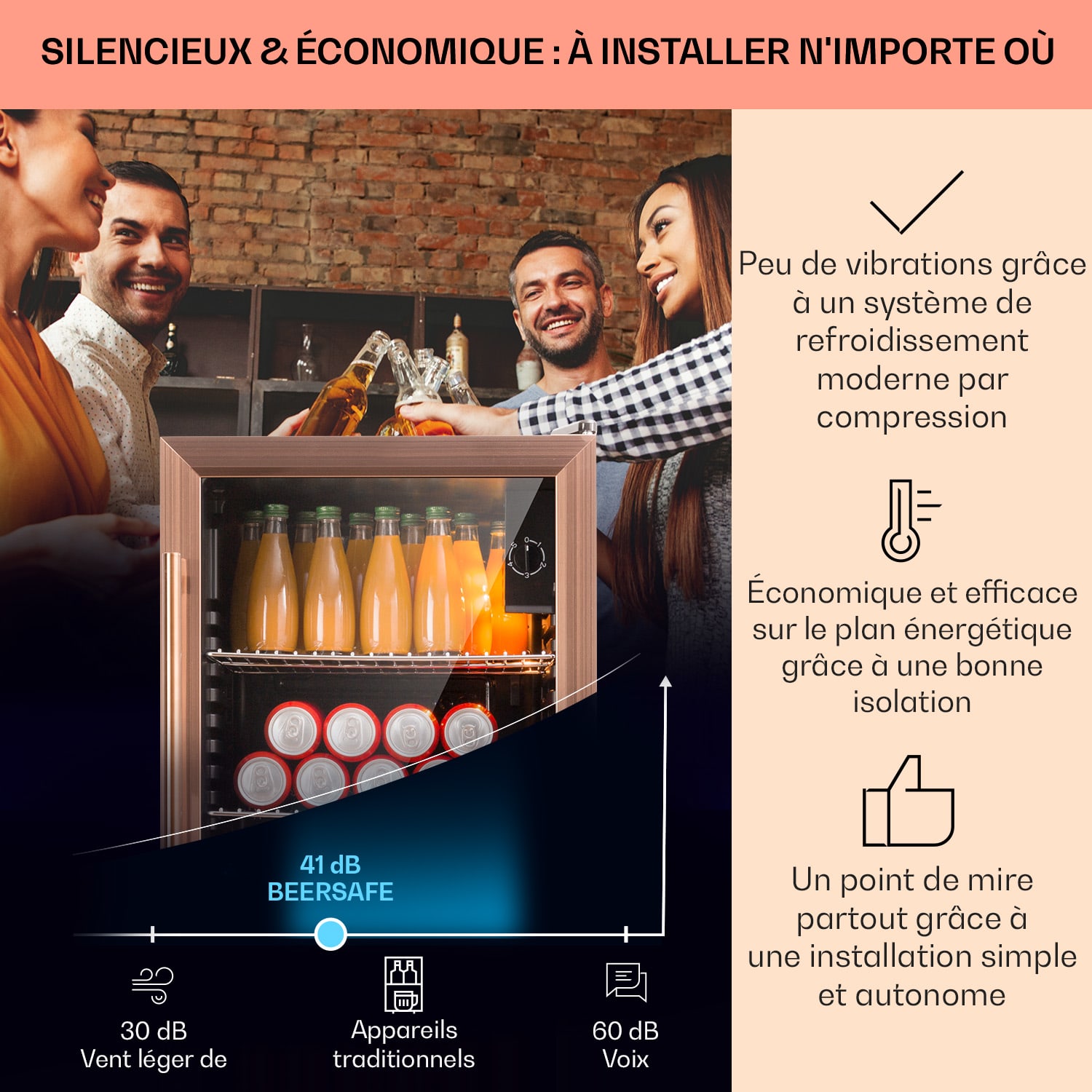 Beersafe XXL koelkast 80 liter 3 schappen glazen panoramadeur 80 ltr | Koper Metallic