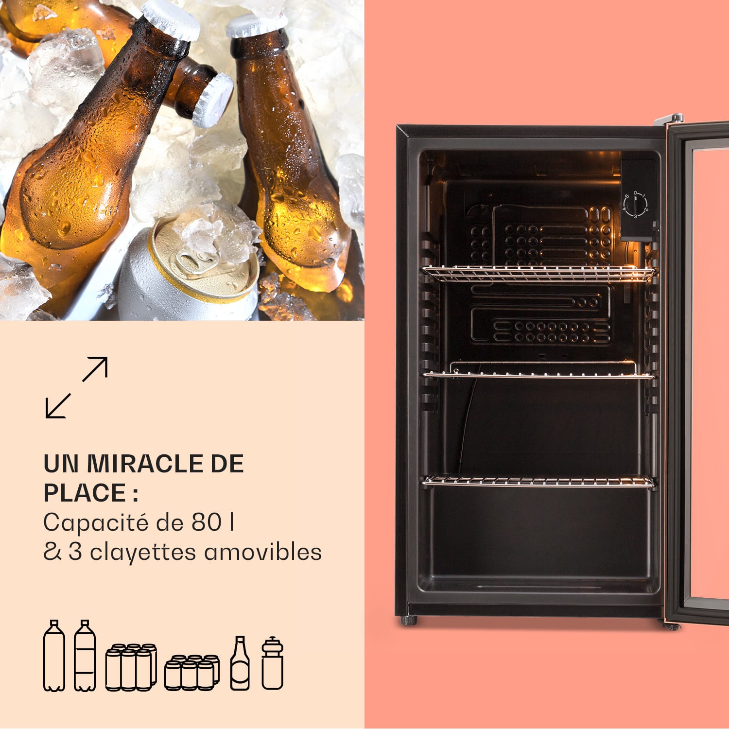 Beersafe XXL koelkast 80 liter 3 schappen glazen panoramadeur 80 ltr | Koper Metallic