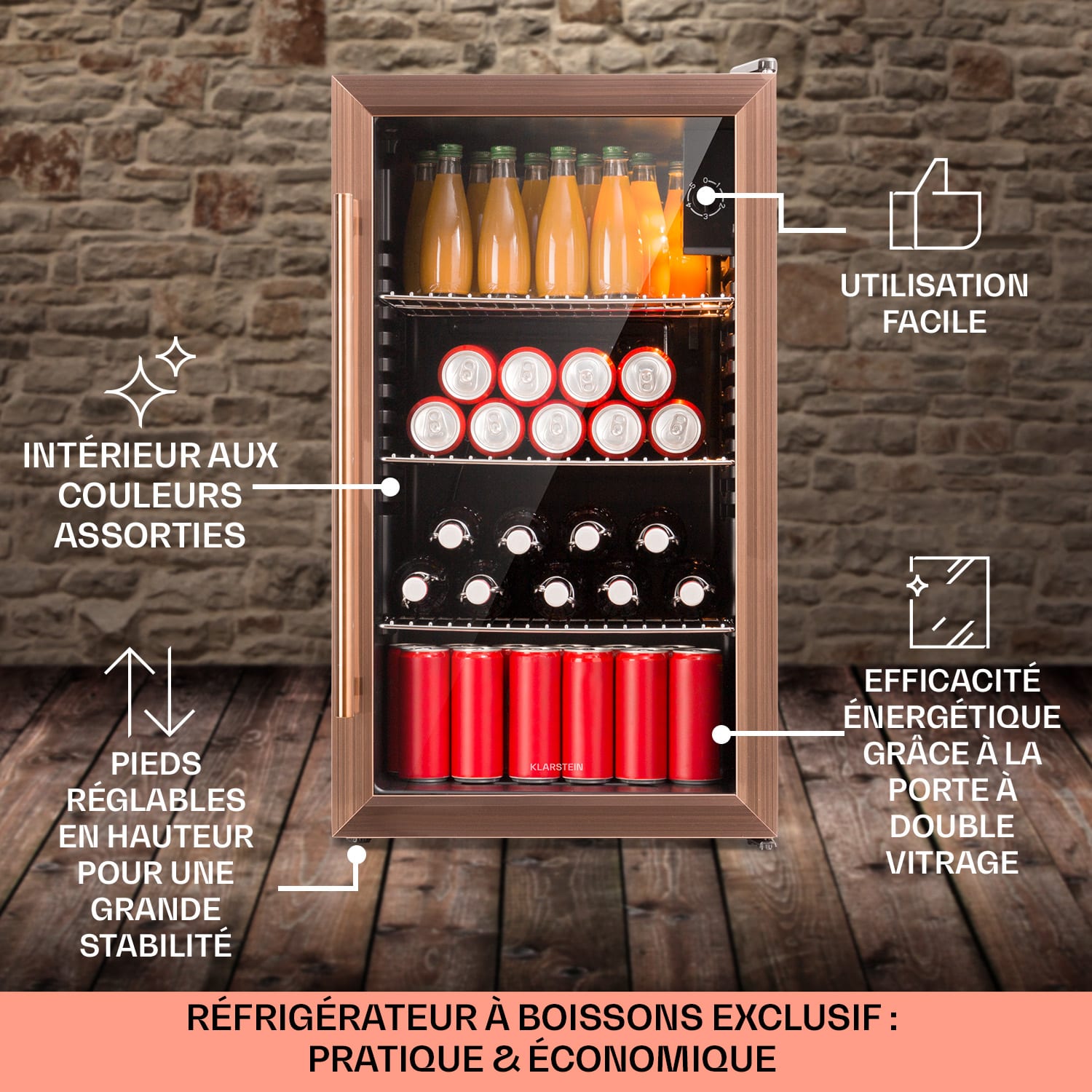 Beersafe XXL koelkast 80 liter 3 schappen glazen panoramadeur 80 ltr | Koper Metallic