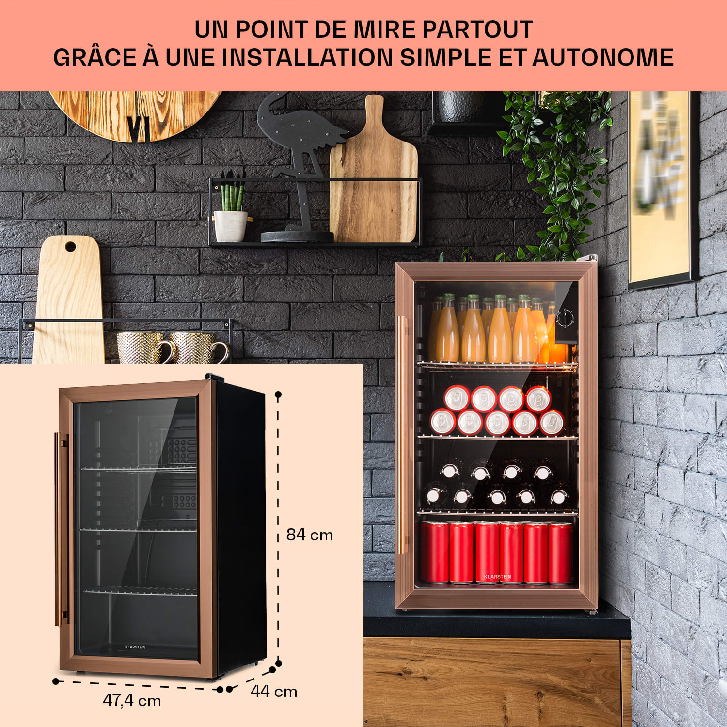 Beersafe XXL koelkast 80 liter 3 schappen glazen panoramadeur 80 ltr | Koper Metallic