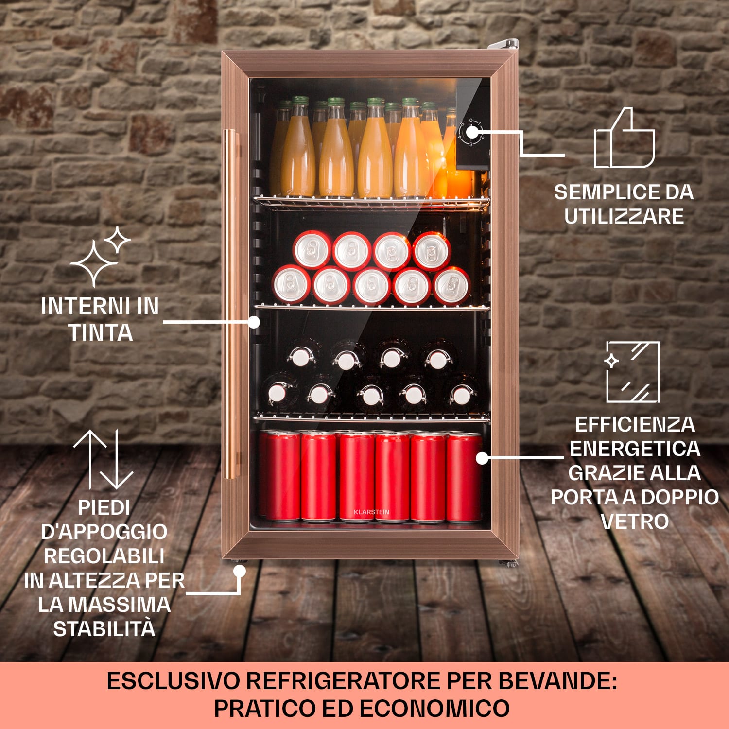 Beersafe XXL Frigorifero, 80 litri, 3 ripiani, sportello panoramico di vetro 80 Ltr | Rame metallizzato