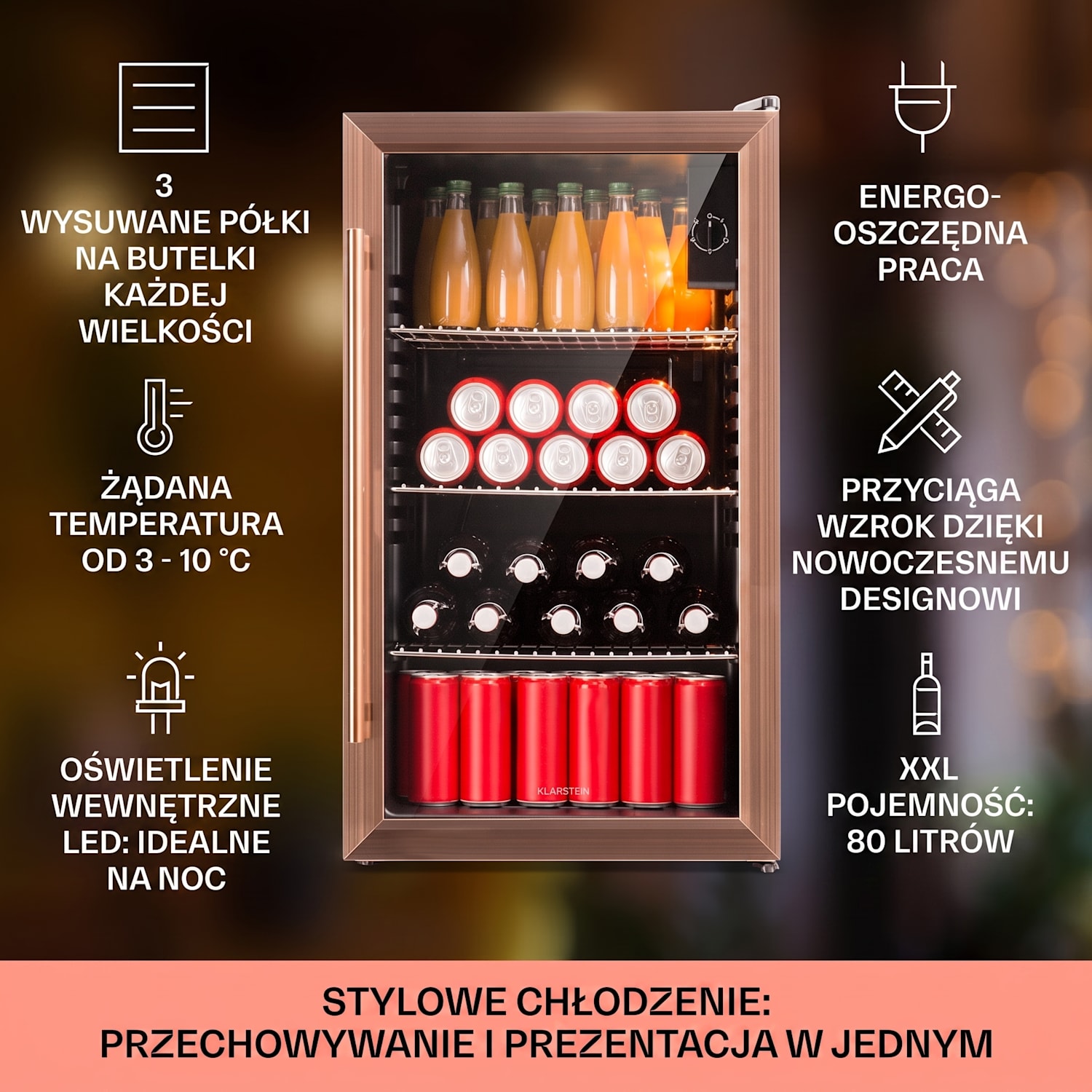 Beersafe XXL, lodówka na napoje, 80 l, 3 półki, szklane drzwi panoramiczne 80 L | Czarny | Miedź
