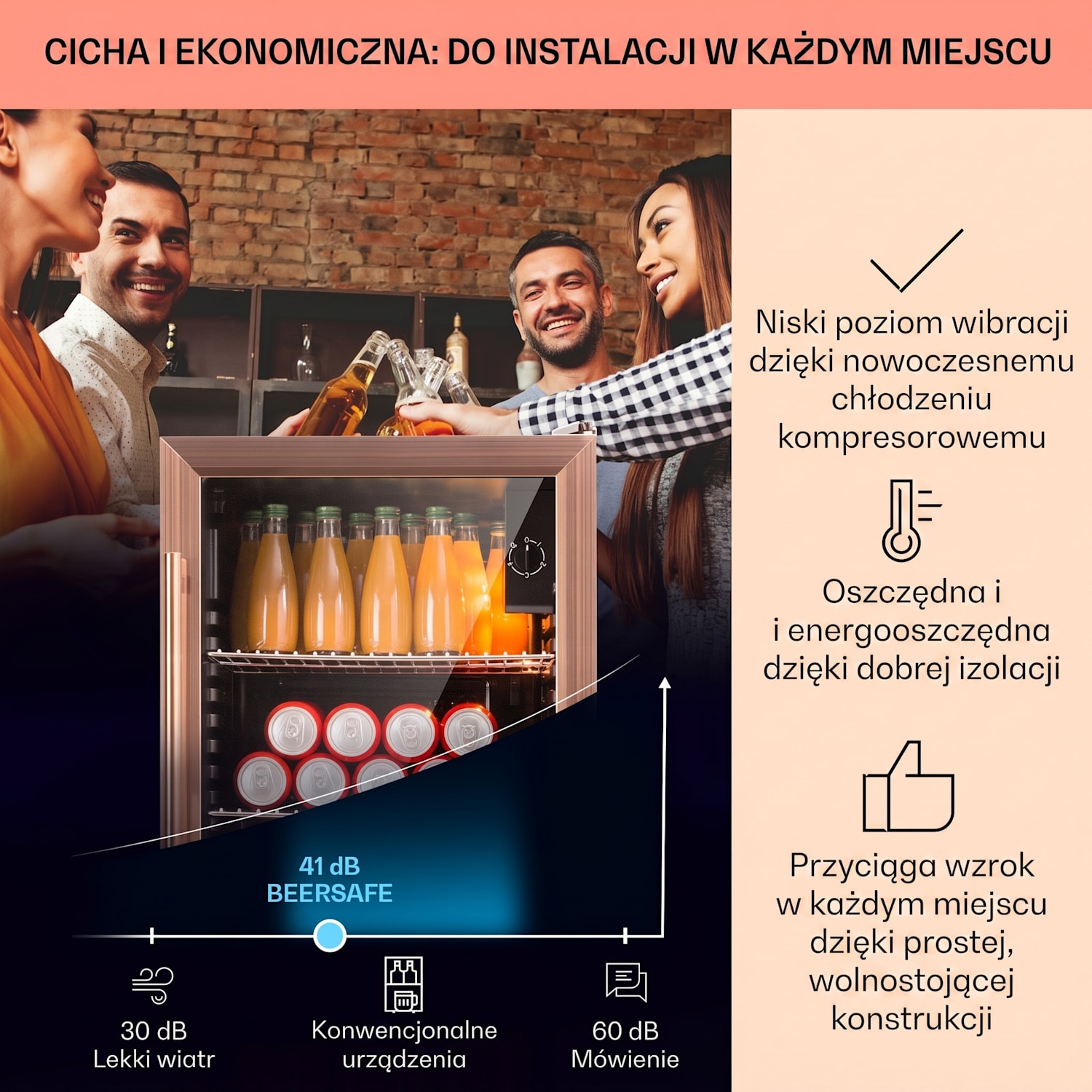 Beersafe XXL, lodówka na napoje, 80 l, 3 półki, szklane drzwi panoramiczne 80 L | Czarny | Miedź
