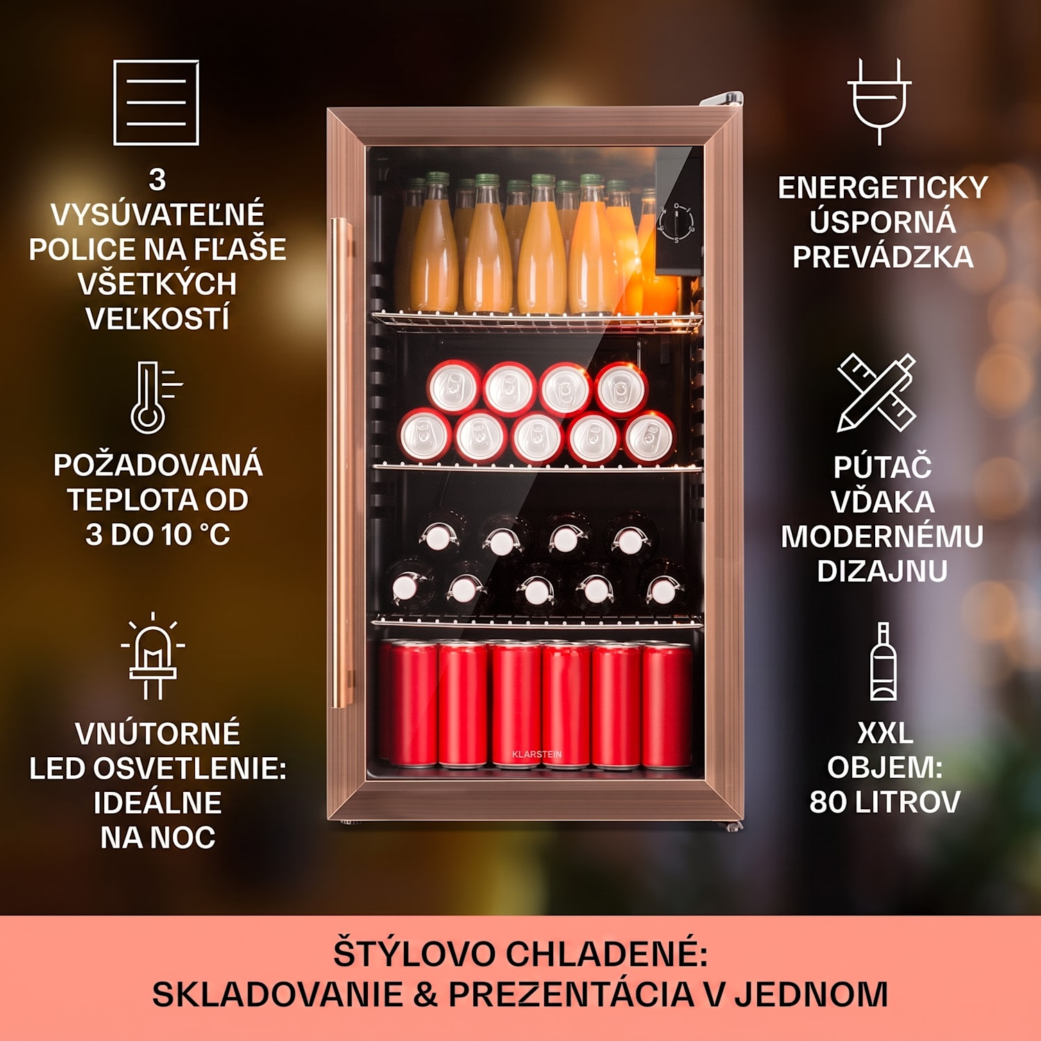 Beersafe XXL, chladnička, 80 l, 3 police, energet. trieda E, panoramatické sklenené dvierka 80 L | Čierna | Medená