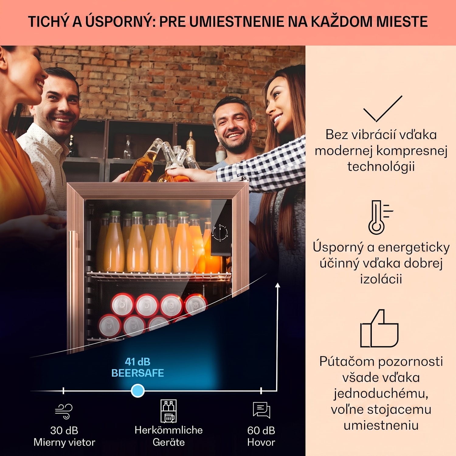 Beersafe XXL, chladnička, 80 l, 3 police, energet. trieda E, panoramatické sklenené dvierka 80 L | Čierna | Medená
