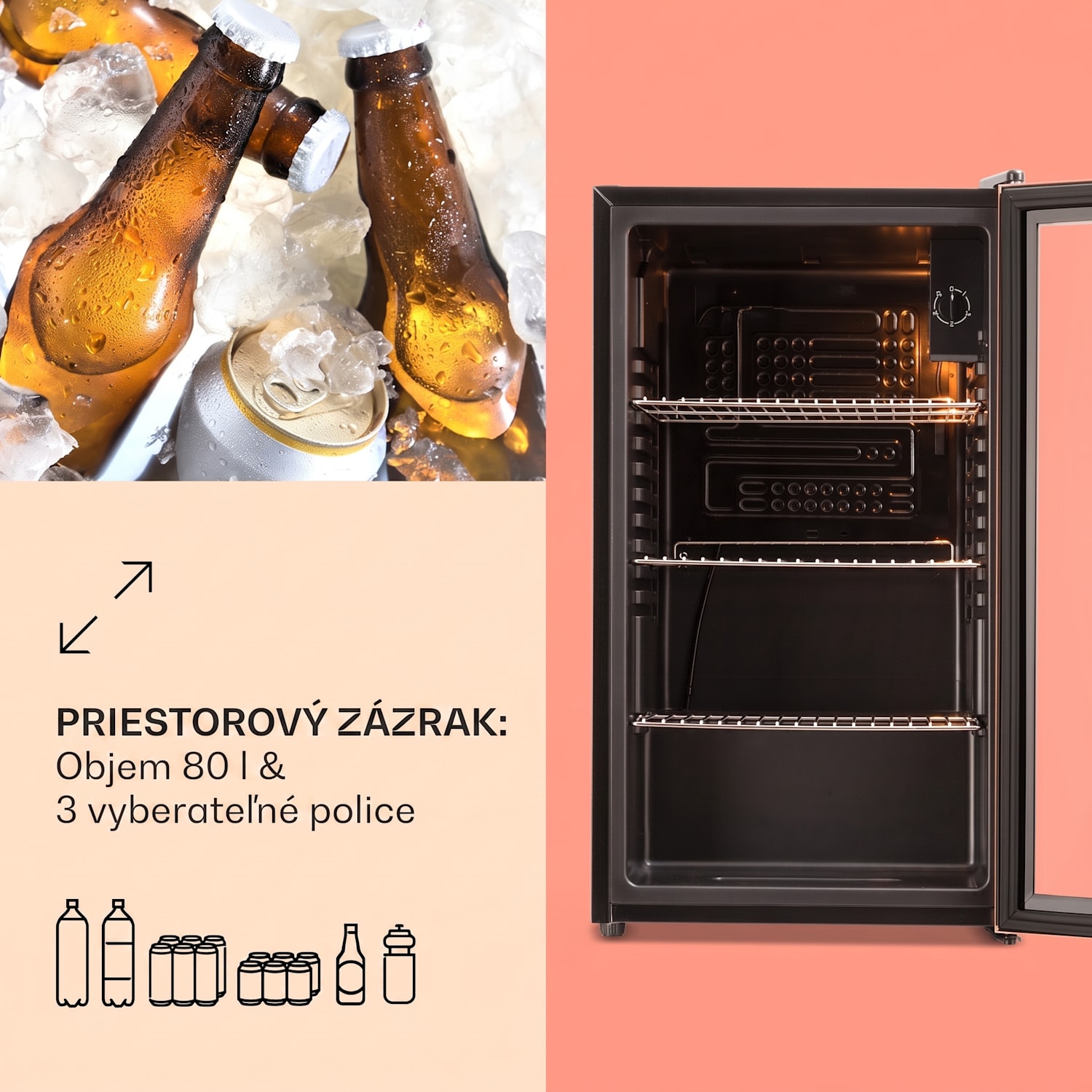 Beersafe XXL, chladnička, 80 l, 3 police, energet. trieda E, panoramatické sklenené dvierka 80 L | Čierna | Medená