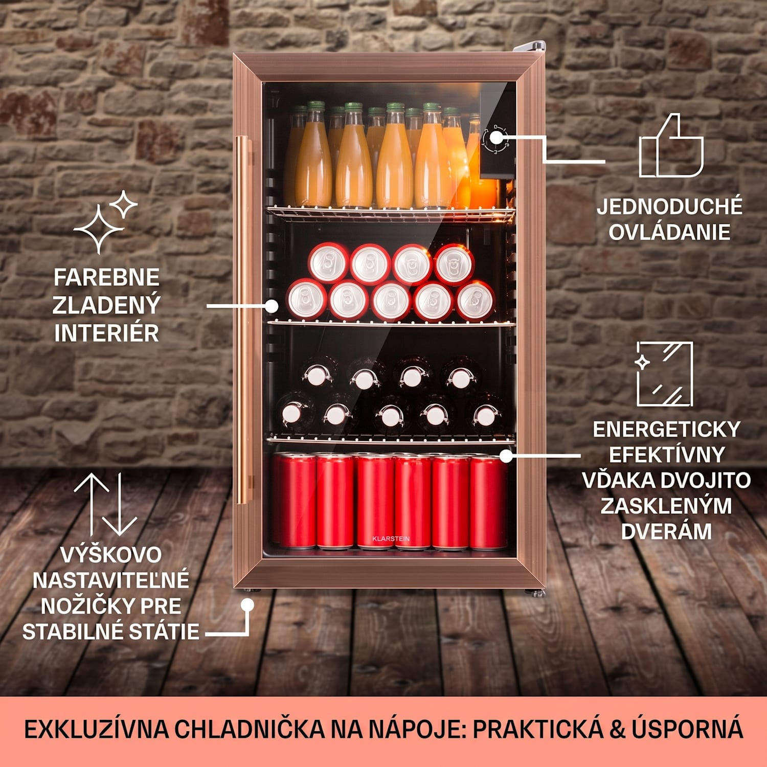 Beersafe XXL, chladnička, 80 l, 3 police, energet. trieda E, panoramatické sklenené dvierka 80 L | Čierna | Medená