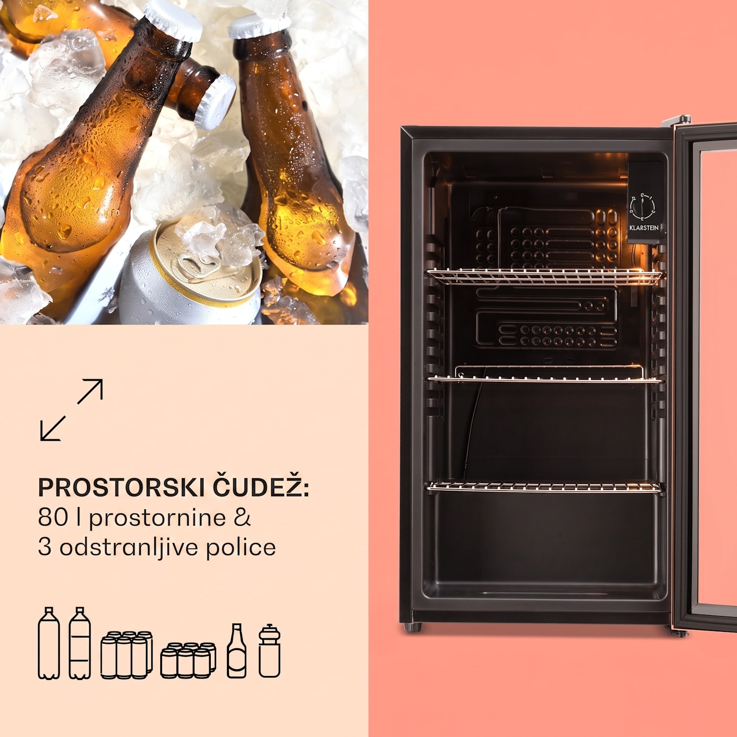 Beersafe XXL, hladilnik, 80 litrov, 3 police, panoramska steklena vrata 80 L | Črna | Baker