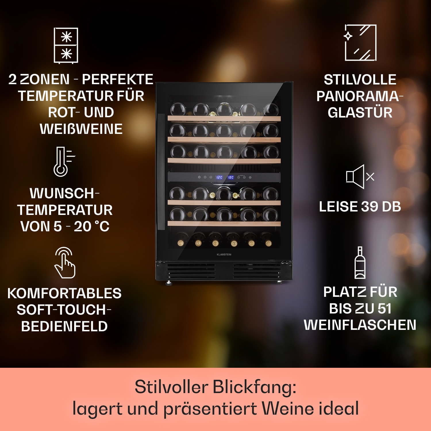 Vinovilla 50 Duo Zweizonen-Weinkühlschrank 53l 17 Fl. 3-Farben Glastür 