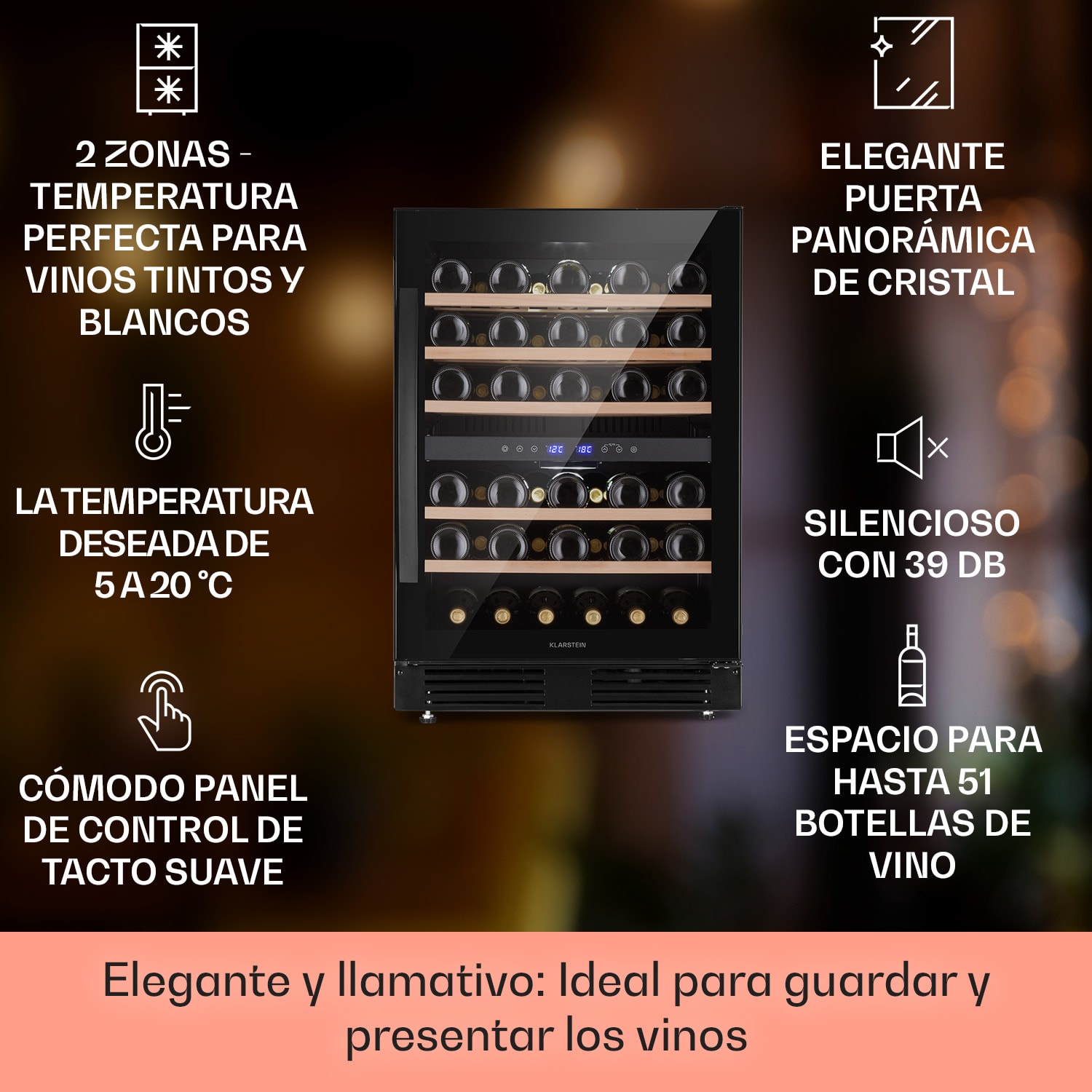 nevera de vinos de dos zonas Vinovilla 50 Duo , 53 litros, 17 botellas, puerta de cristal y 3 colores 51 botellas | 2 zonas de refrigeración | Negro