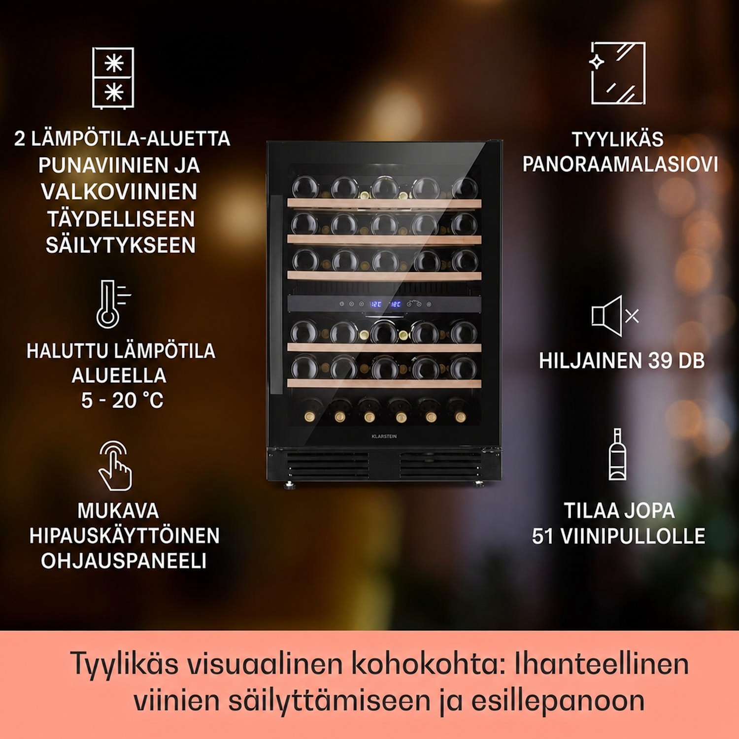 Vinovilla 50 Duo kahden vyöhykkeen viinikaappi 153 l 51 pulloa 3-värinen lasiovi 51 pulloa | 2 jäähdytysalue | Musta