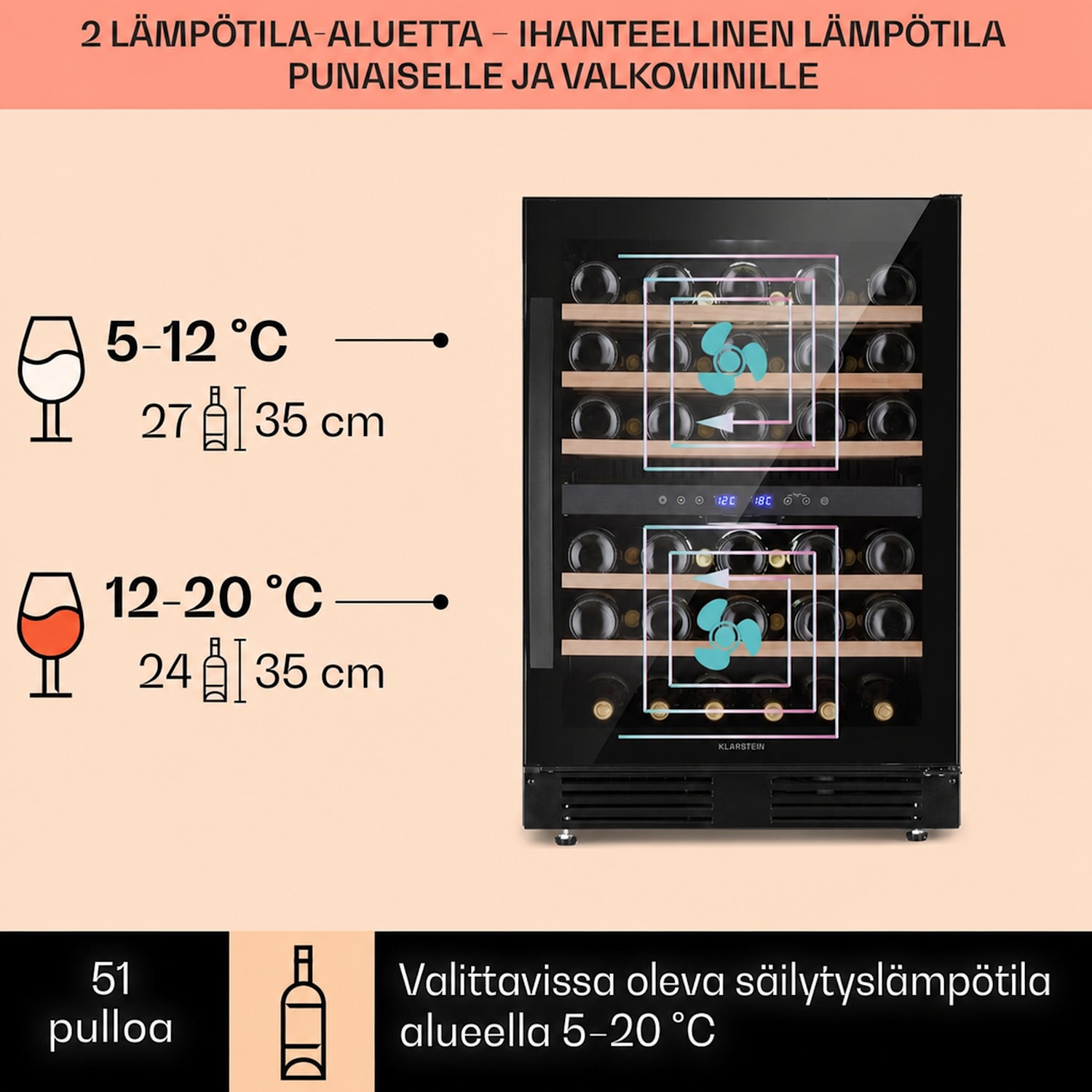 Vinovilla 50 Duo kahden vyöhykkeen viinikaappi 153 l 51 pulloa 3-värinen lasiovi 51 pulloa | 2 jäähdytysalue | Musta