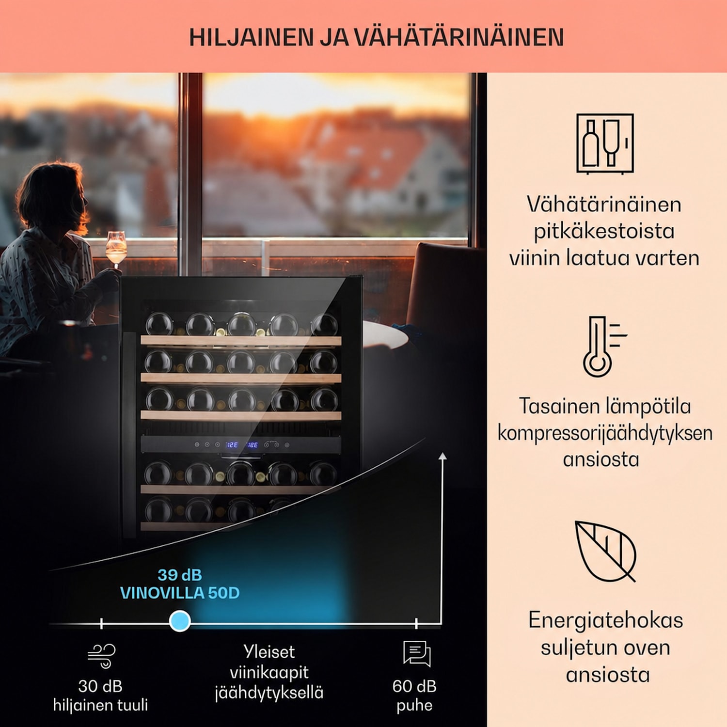 Vinovilla 50 Duo kahden vyöhykkeen viinikaappi 153 l 51 pulloa 3-värinen lasiovi 51 pulloa | 2 jäähdytysalue | Musta