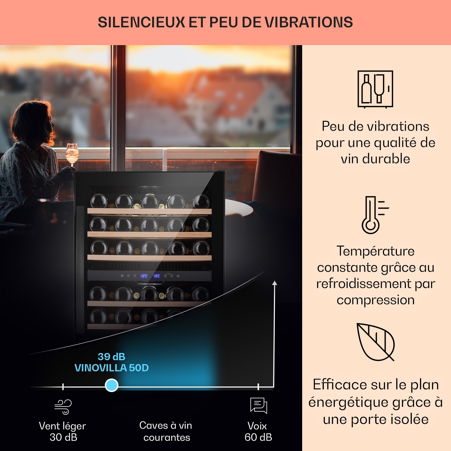 Vinovilla 50 Duo Cave à vin deux zones 53 L 17 Bt Porte vitrée 3 couleurs 51 bouteilles | 2 zones de conservation | Noir