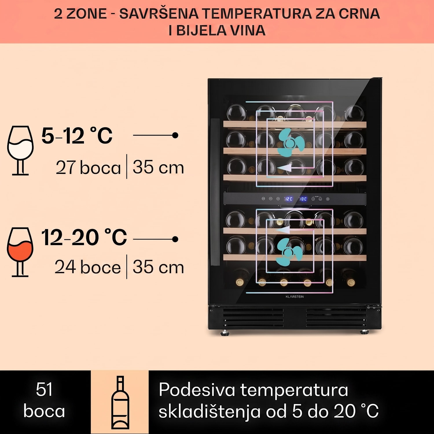Vinovilla 50 Duo, Dvozonski hladnjak za vino, 53l, 17 sp., 3-bojna staklena vrata 51 boca | 2 | Crna