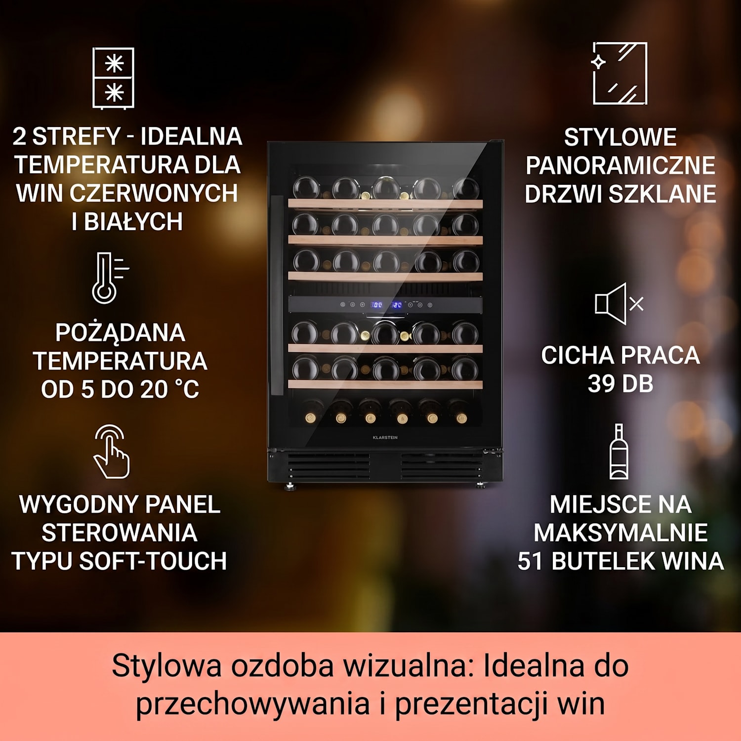 Vinovilla 50 Duo dwustrefowa chłodziarka do wina 53 l 17 butelek szklane drzwi w 3 kolorach 51 butelek | 2 strefy chłodzenia | Czarny