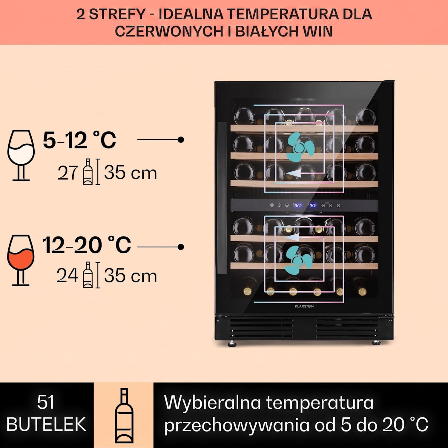 Vinovilla 50 Duo dwustrefowa chłodziarka do wina 53 l 17 butelek szklane drzwi w 3 kolorach 51 butelek | 2 strefy chłodzenia | Czarny