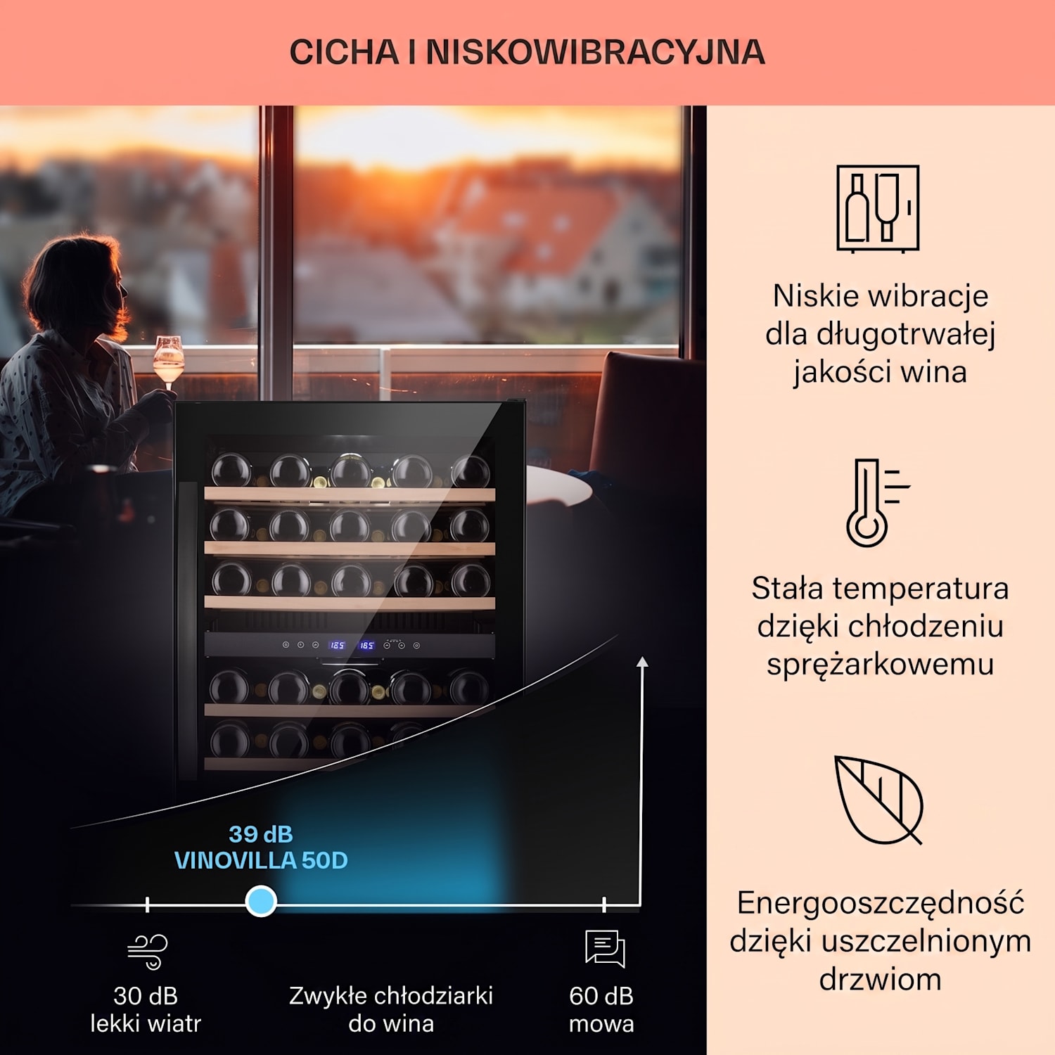 Vinovilla 50 Duo dwustrefowa chłodziarka do wina 53 l 17 butelek szklane drzwi w 3 kolorach 51 butelek | 2 strefy chłodzenia | Czarny