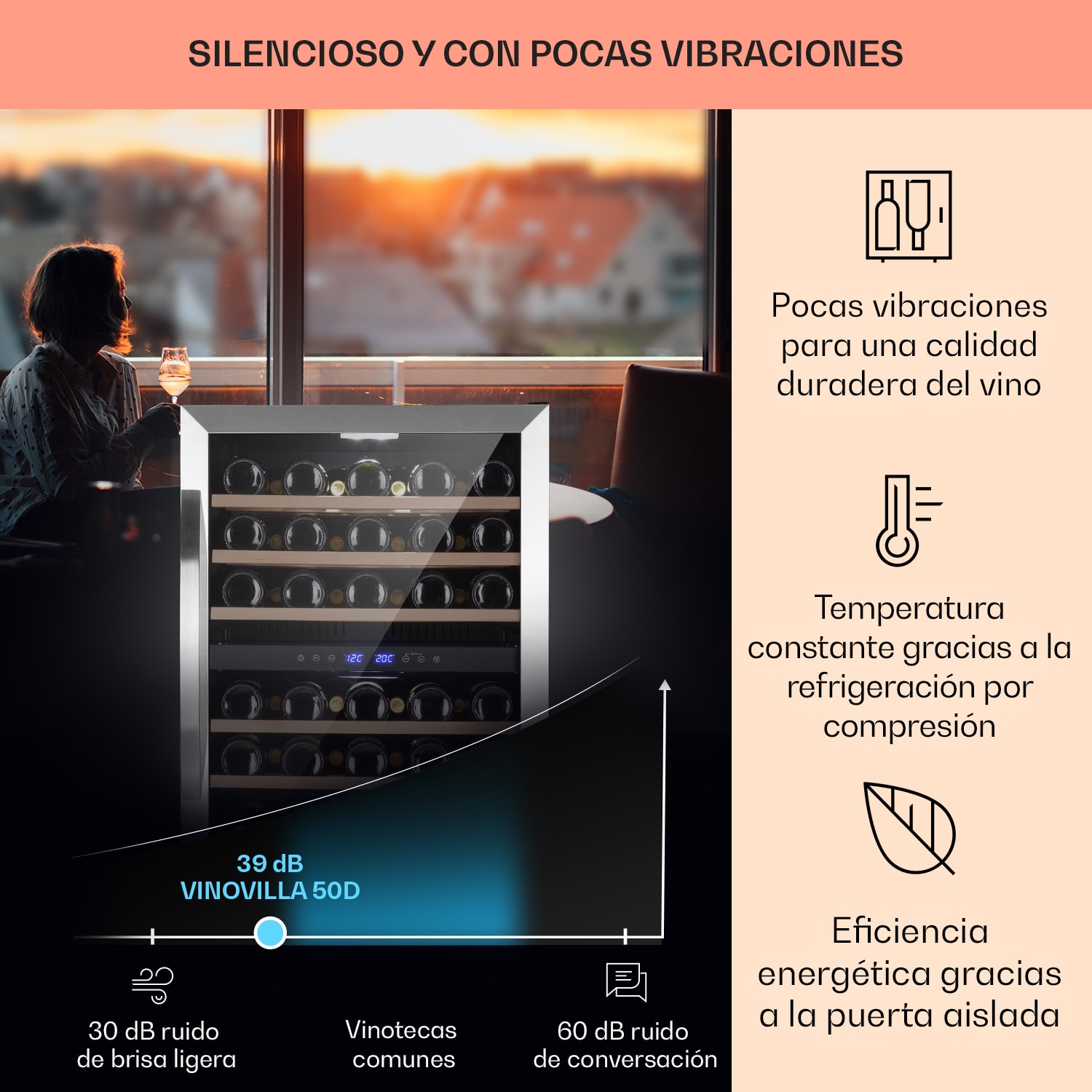 Vinovilla 50 Duo enfriador de vino de dos zonas 53l 17 bot. puerta de vidrio de 3 colores 