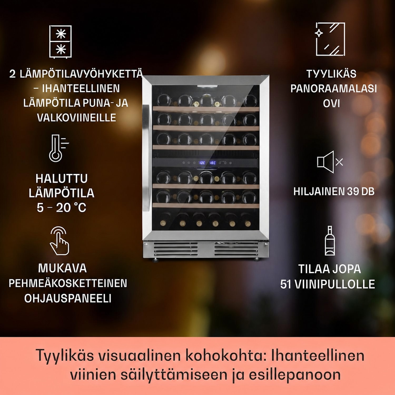 Vinovilla 50 Duo kahden vyöhykkeen viinikaappi 153 l 51 pulloa 3-värinen lasiovi 51 pulloa | 2 jäähdytysalue | Ruostumaton Teräs