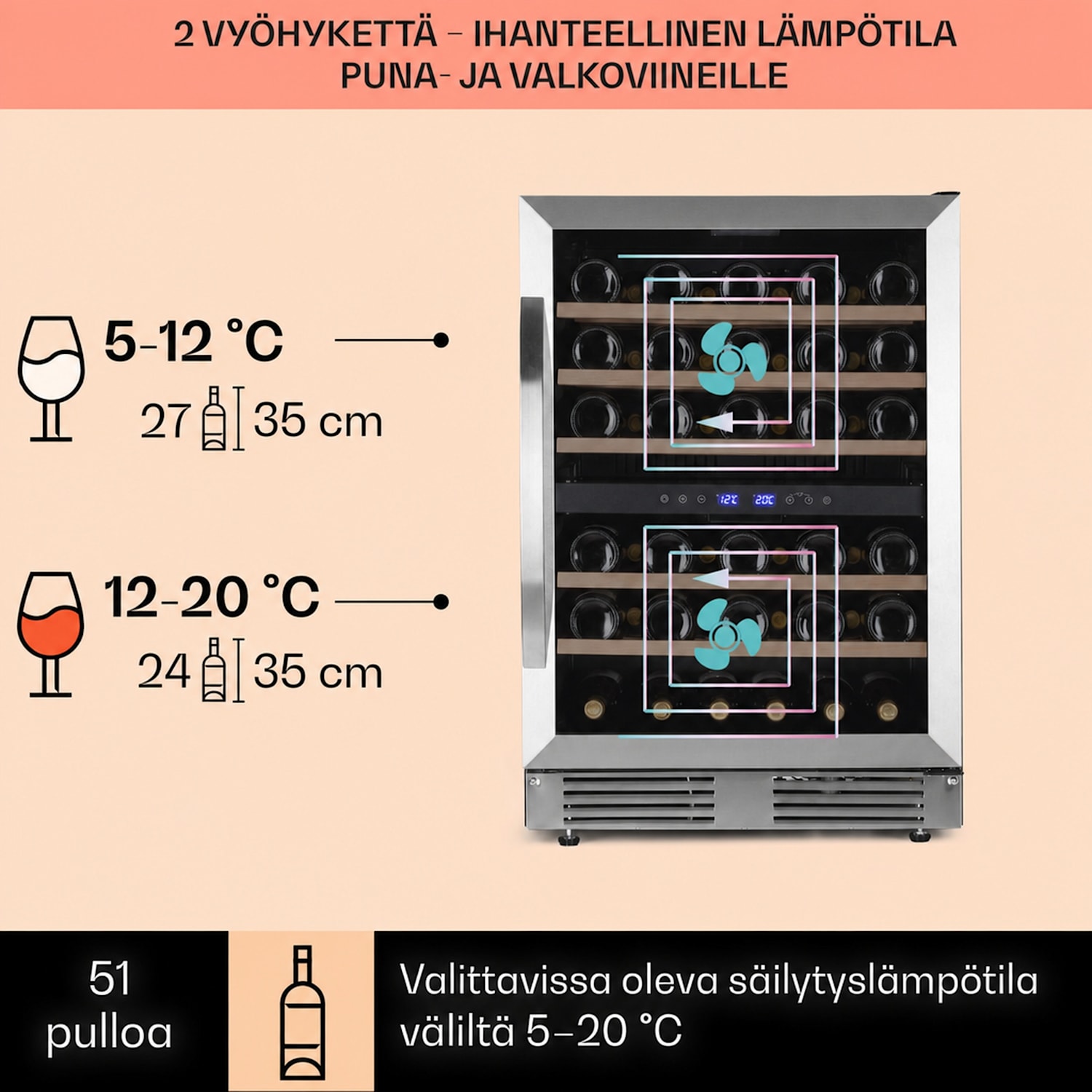 Vinovilla 50 Duo kahden vyöhykkeen viinikaappi 153 l 51 pulloa 3-värinen lasiovi 51 pulloa | 2 jäähdytysalue | Ruostumaton Teräs