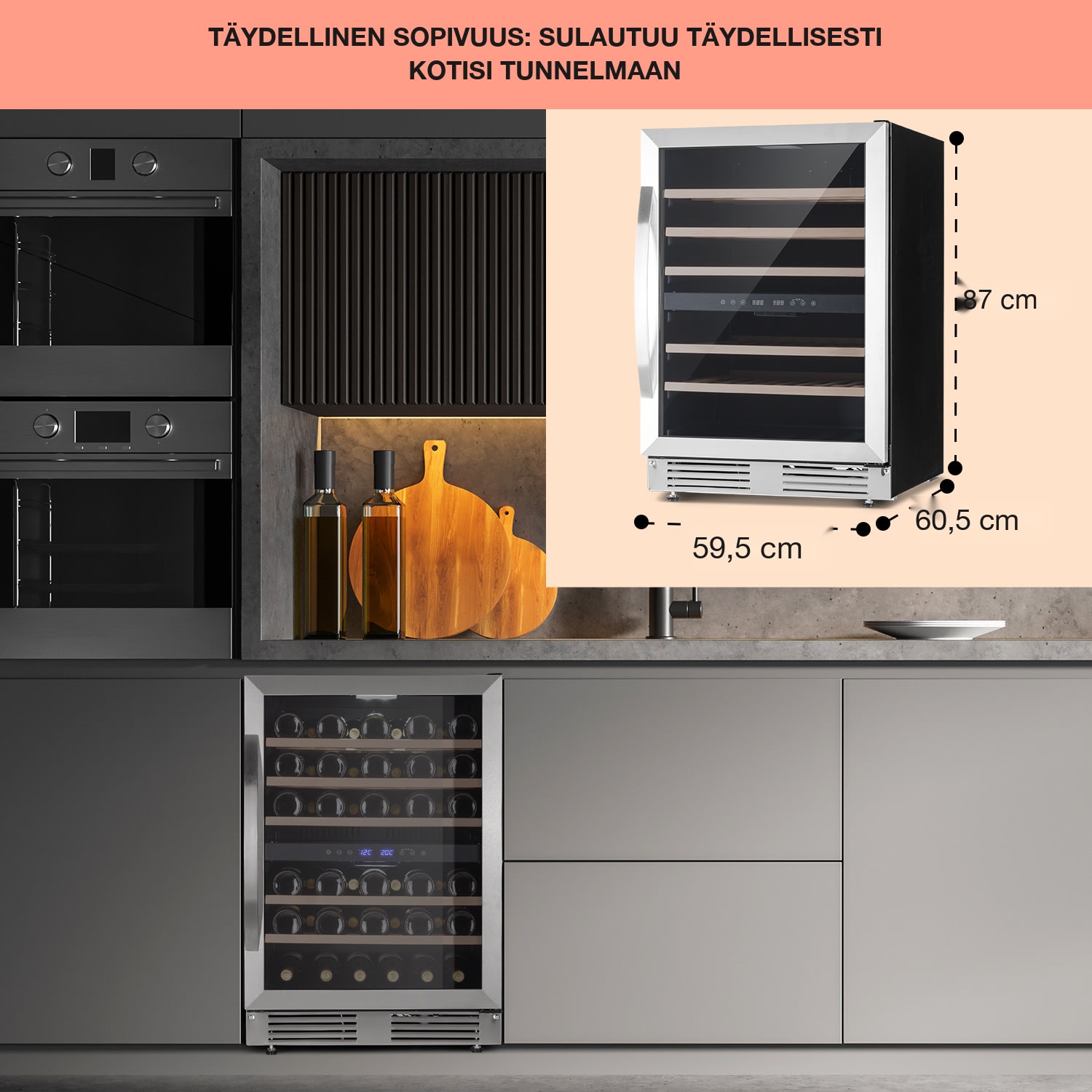 Vinovilla 50 Duo kahden vyöhykkeen viinikaappi 153 l 51 pulloa 3-värinen lasiovi 51 pulloa | 2 jäähdytysalue | Ruostumaton Teräs