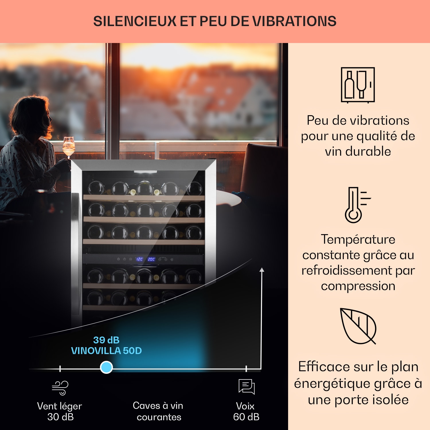 Vinovilla 50 Duo twee-zone wijnkoelkast 53l 17 flessen 3-kleuren glazen deur 
