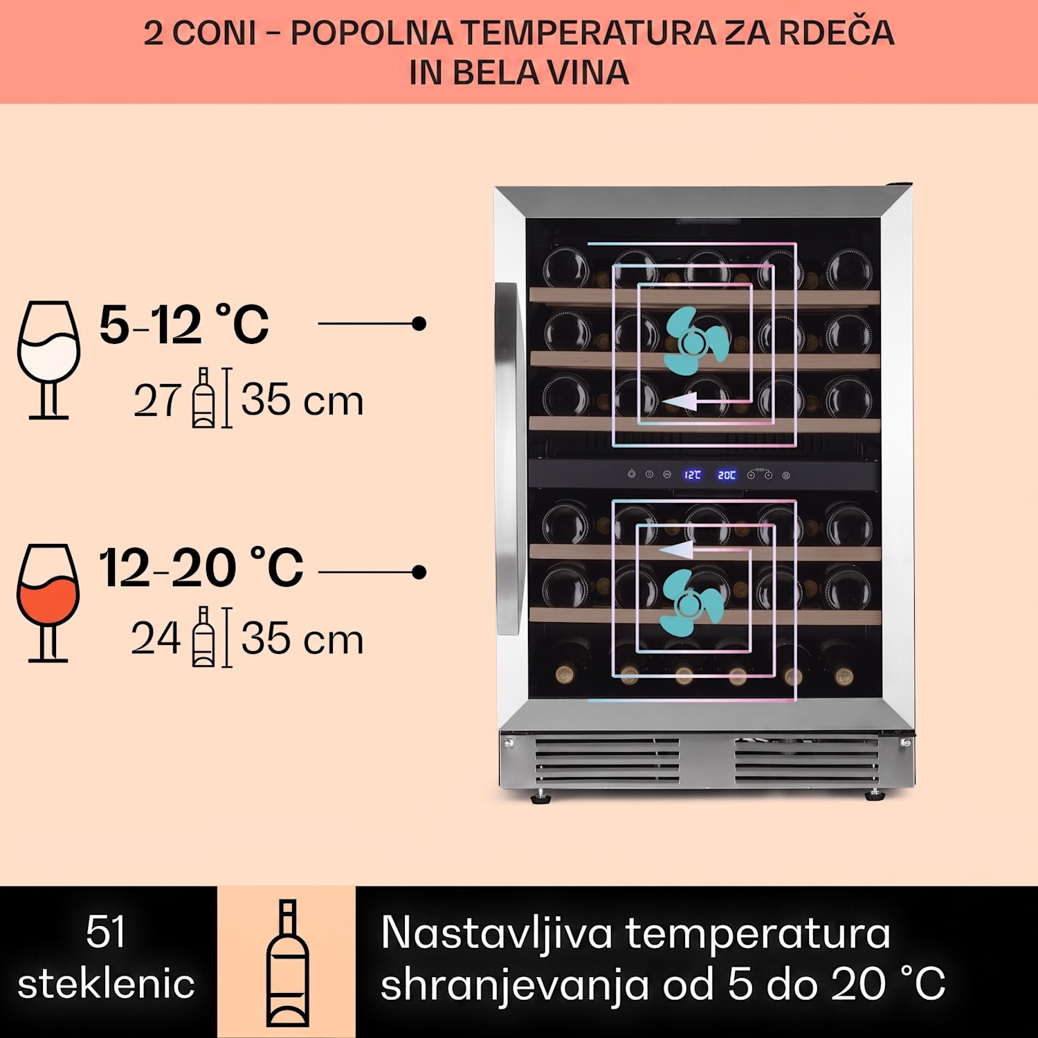 Vinovilla 50 Duo, 2-conski hladilnik za vino, 53 l, 17 st., 3-barvna steklena vrata 51 steklenic | 2 | Nerjaveče jeklo