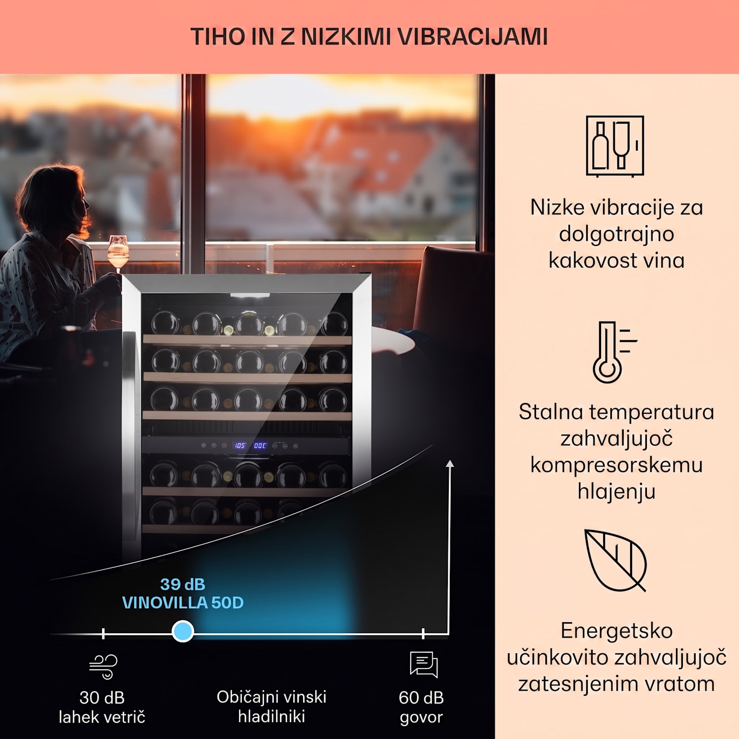 Vinovilla 50 Duo, 2-conski hladilnik za vino, 53 l, 17 st., 3-barvna steklena vrata 51 steklenic | 2 | Nerjaveče jeklo