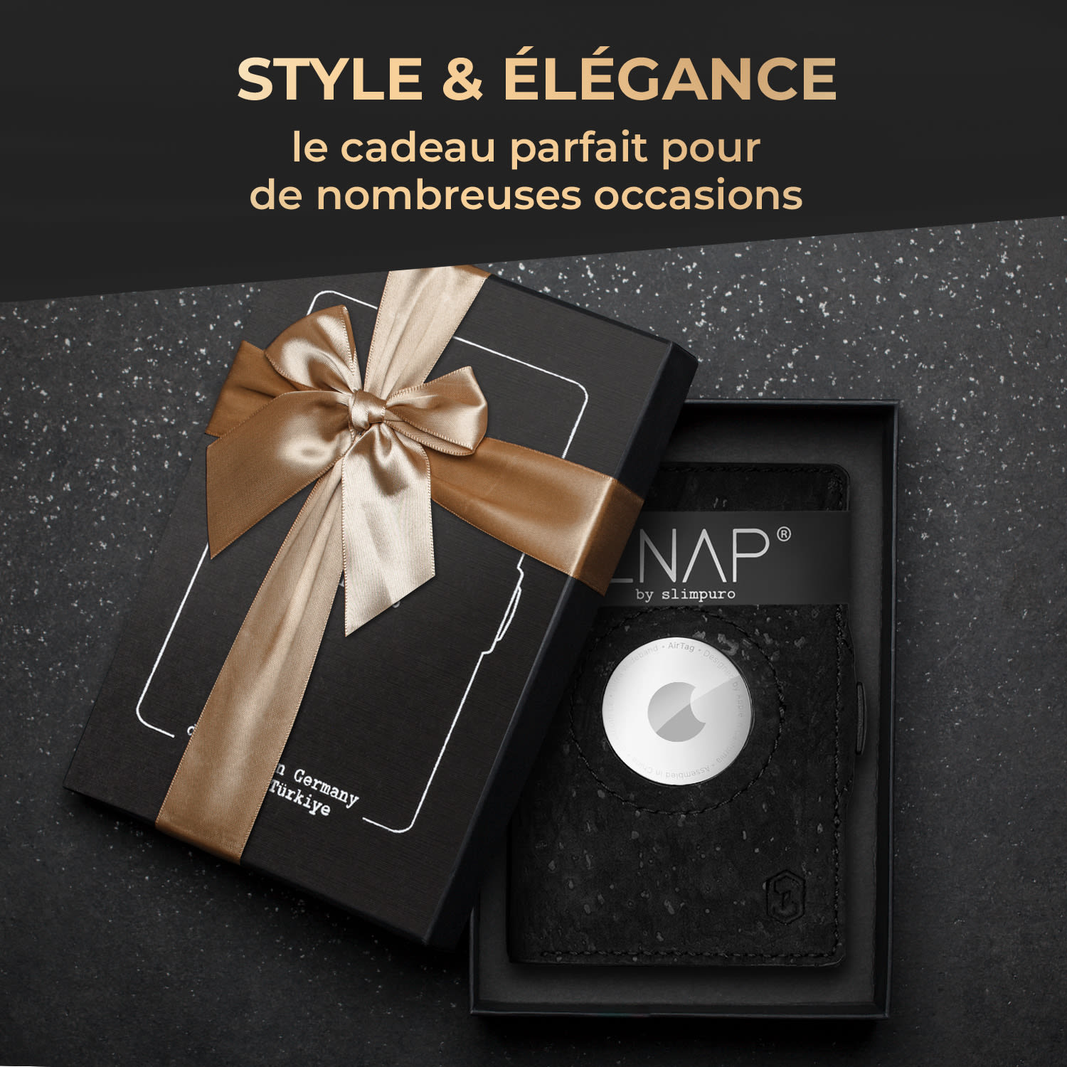 ZNAP Airtag Wallet Portefeuille 12 cartes compartiment monnaie 8,9 x 1,8 x 6,3 cm (LxHxP) Protection RFID Structure de liège | Noir