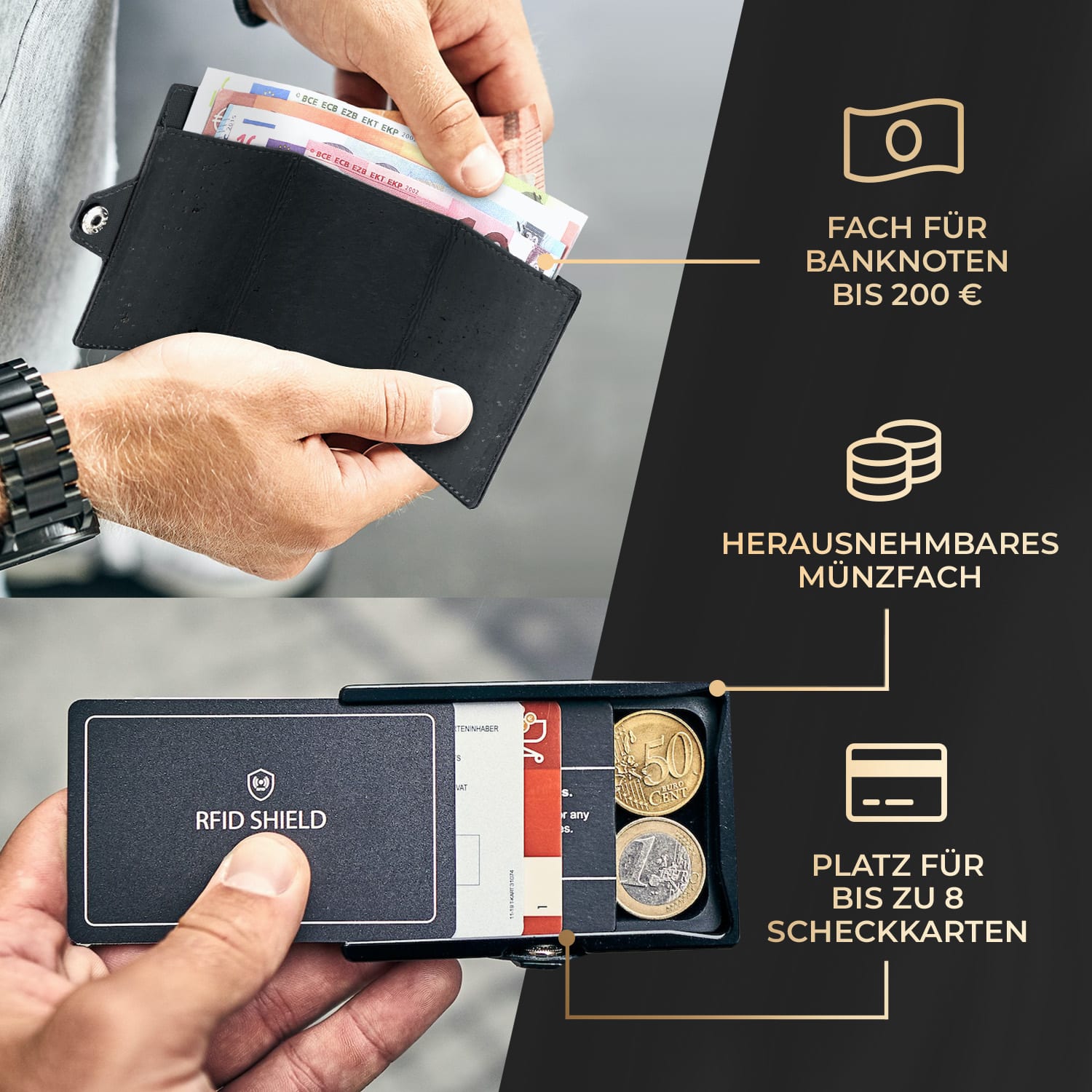 ZNAP Airtag Wallet 8 Karten Münzfach 8,9 x 1,5 x 6,3 cm (BxHxT) RFID-Schutz Kork-Struktur | Schwarz