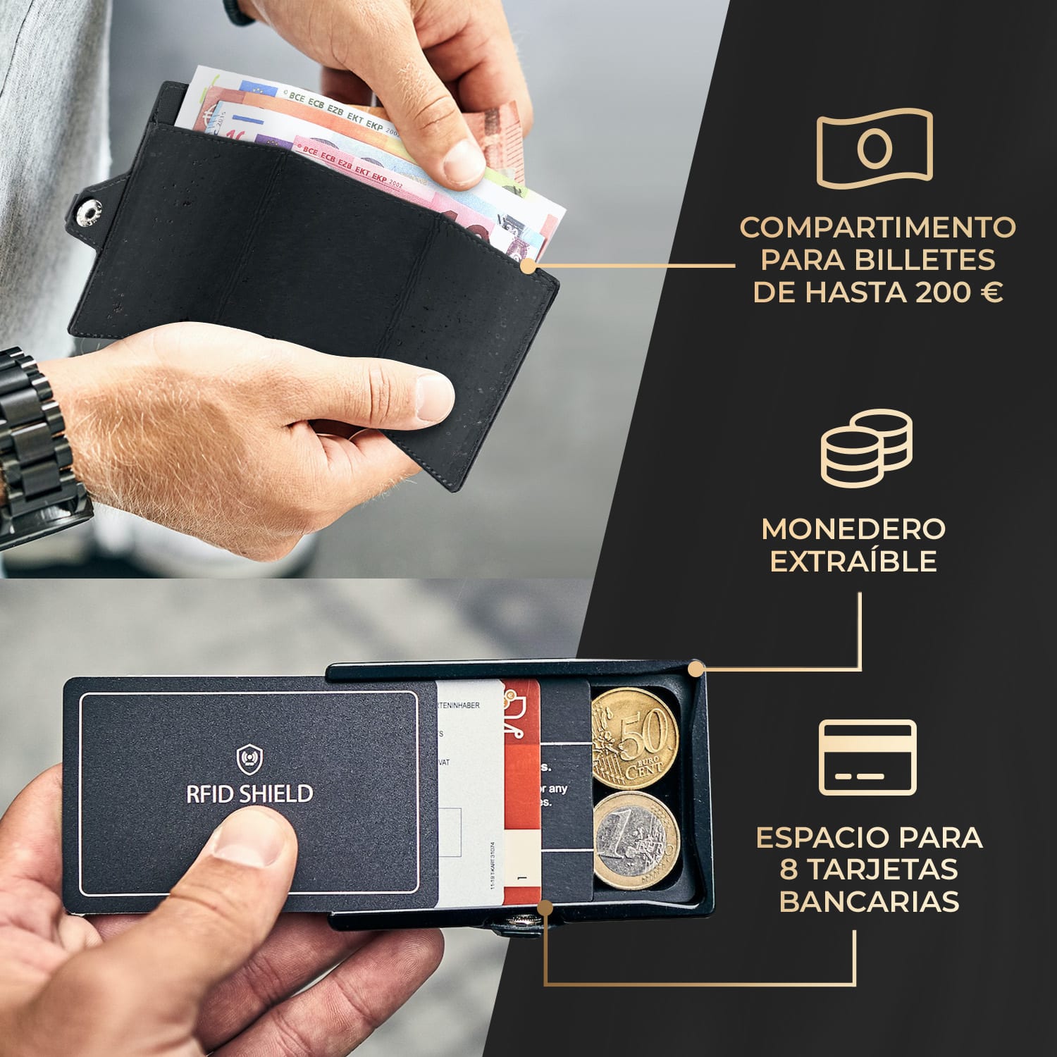 ZNAP Airtag Cartera para 8 tarjetas con compartimento para monedas 8,9 x 1,5 x 6,3 cm (AnxAlxPr) Protección RFID Estructura de corcho | Negro