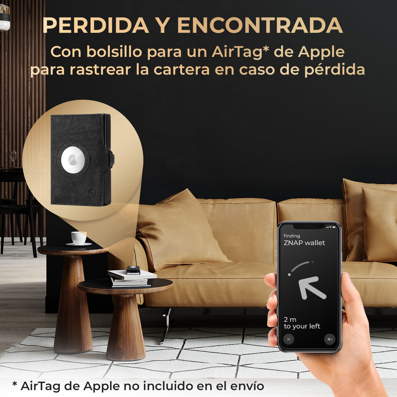 ZNAP Airtag Cartera para 8 tarjetas con compartimento para monedas 8,9 x 1,5 x 6,3 cm (AnxAlxPr) Protección RFID Estructura de corcho | Negro