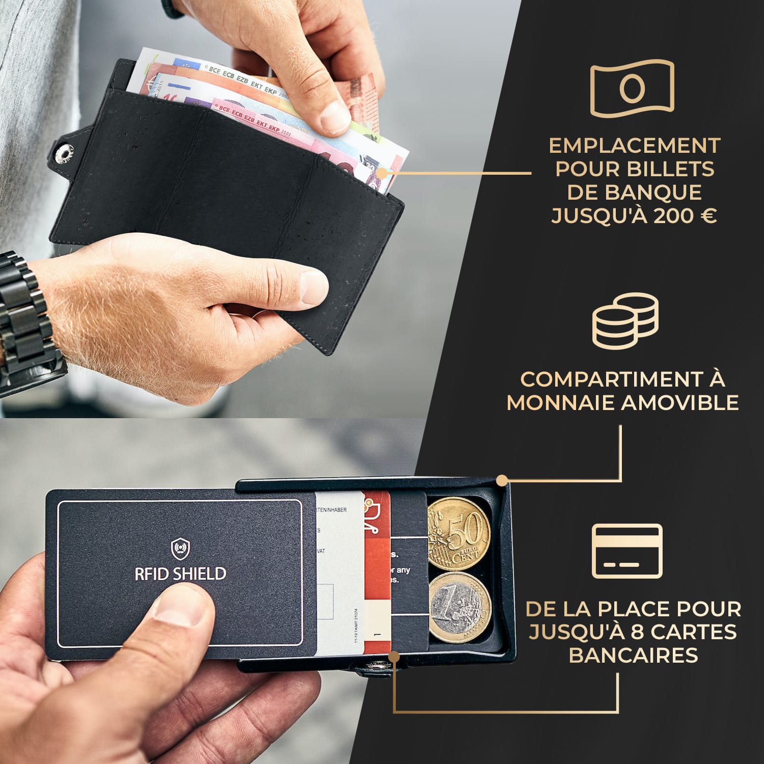 ZNAP Airtag portefeuille 8 cartes, compartiment monnaie 8,9 x 1,5 x 6,3 cm (LxHxP) protection RFID Structure de liège | Noir