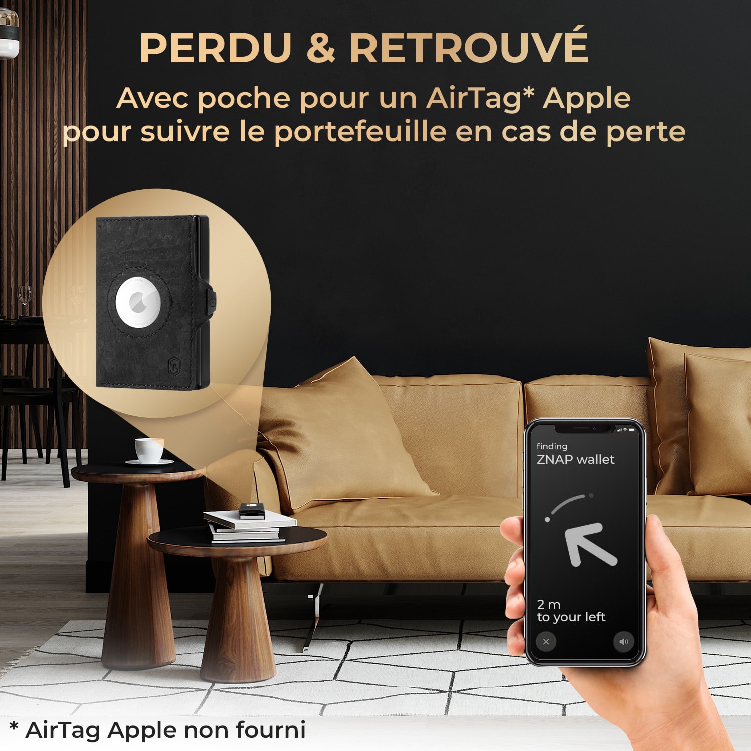 ZNAP Airtag portefeuille 8 cartes, compartiment monnaie 8,9 x 1,5 x 6,3 cm (LxHxP) protection RFID Structure de liège | Noir