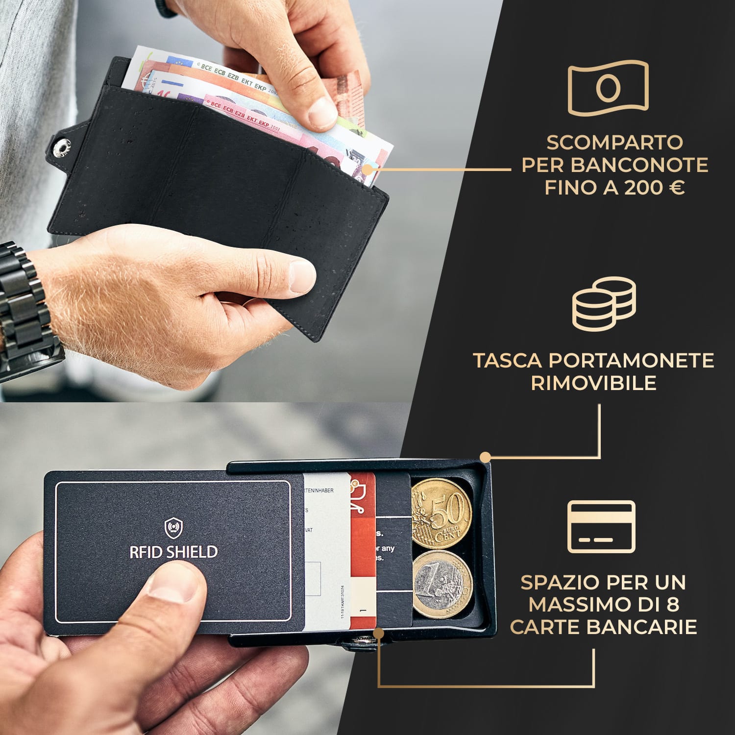 ZNAP Airtag portafoglio 8 carte, tasca monete 8,9 x 1,5 x 6,3 cm (LxAxP) protezione RFID Struttura del sughero | Nero