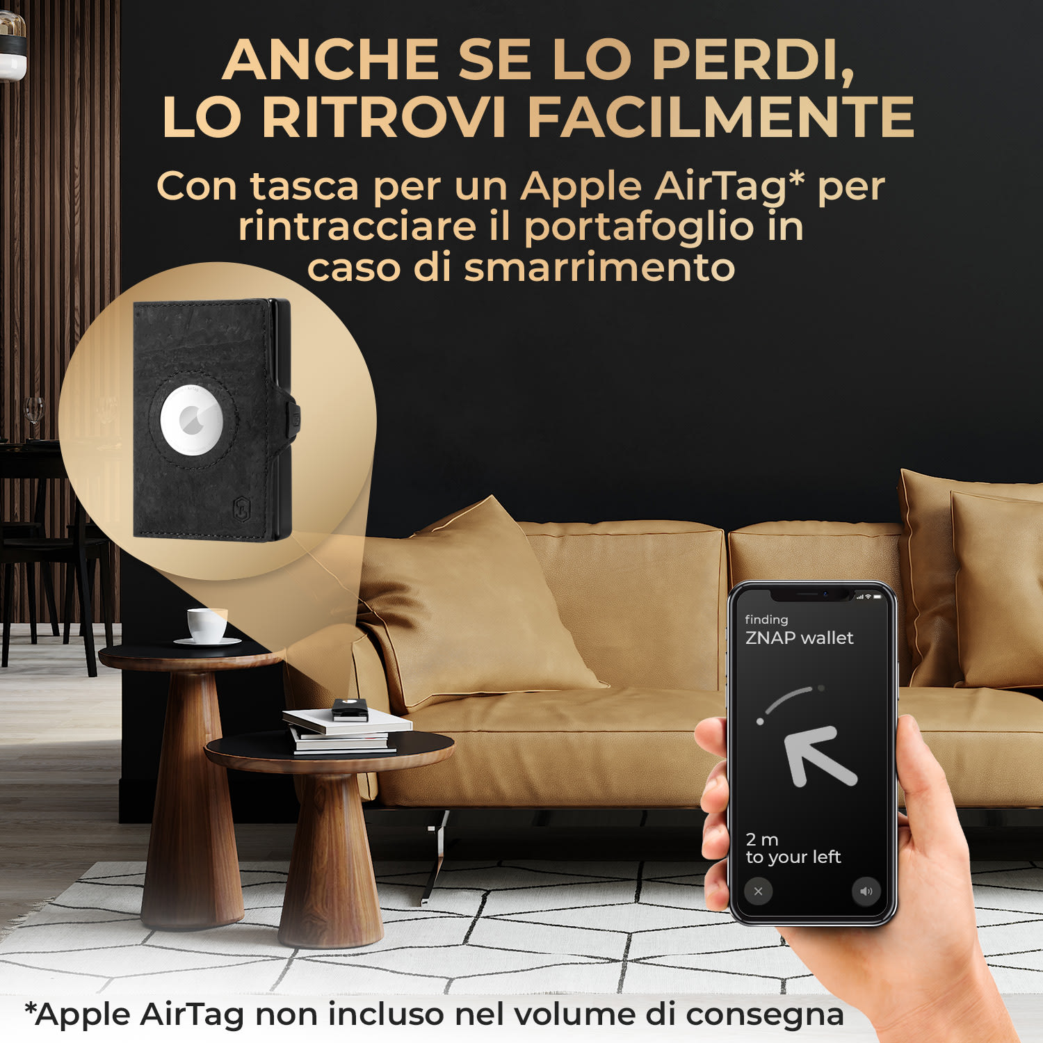 ZNAP Airtag portafoglio 8 carte, tasca monete 8,9 x 1,5 x 6,3 cm (LxAxP) protezione RFID Struttura del sughero | Nero