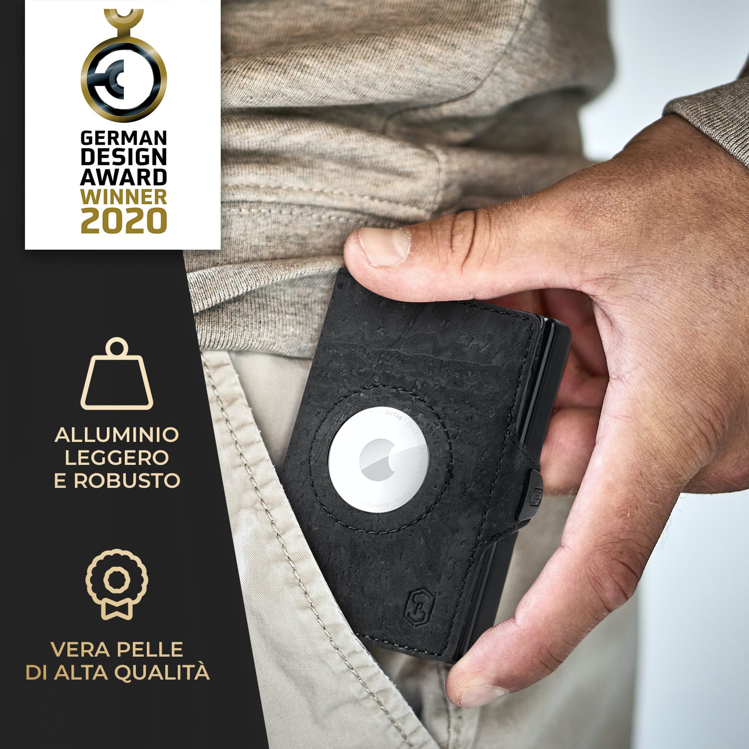 ZNAP Airtag portafoglio 8 carte, tasca monete 8,9 x 1,5 x 6,3 cm (LxAxP) protezione RFID Struttura del sughero | Nero
