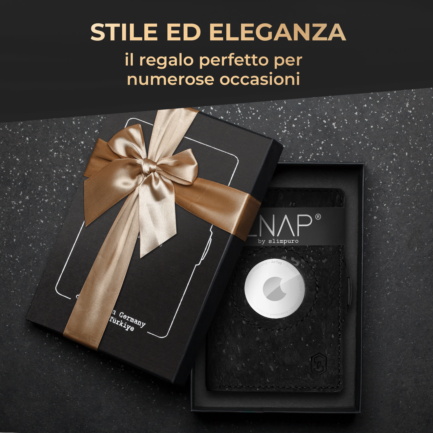 ZNAP Airtag portafoglio 8 carte, tasca monete 8,9 x 1,5 x 6,3 cm (LxAxP) protezione RFID Struttura del sughero | Nero