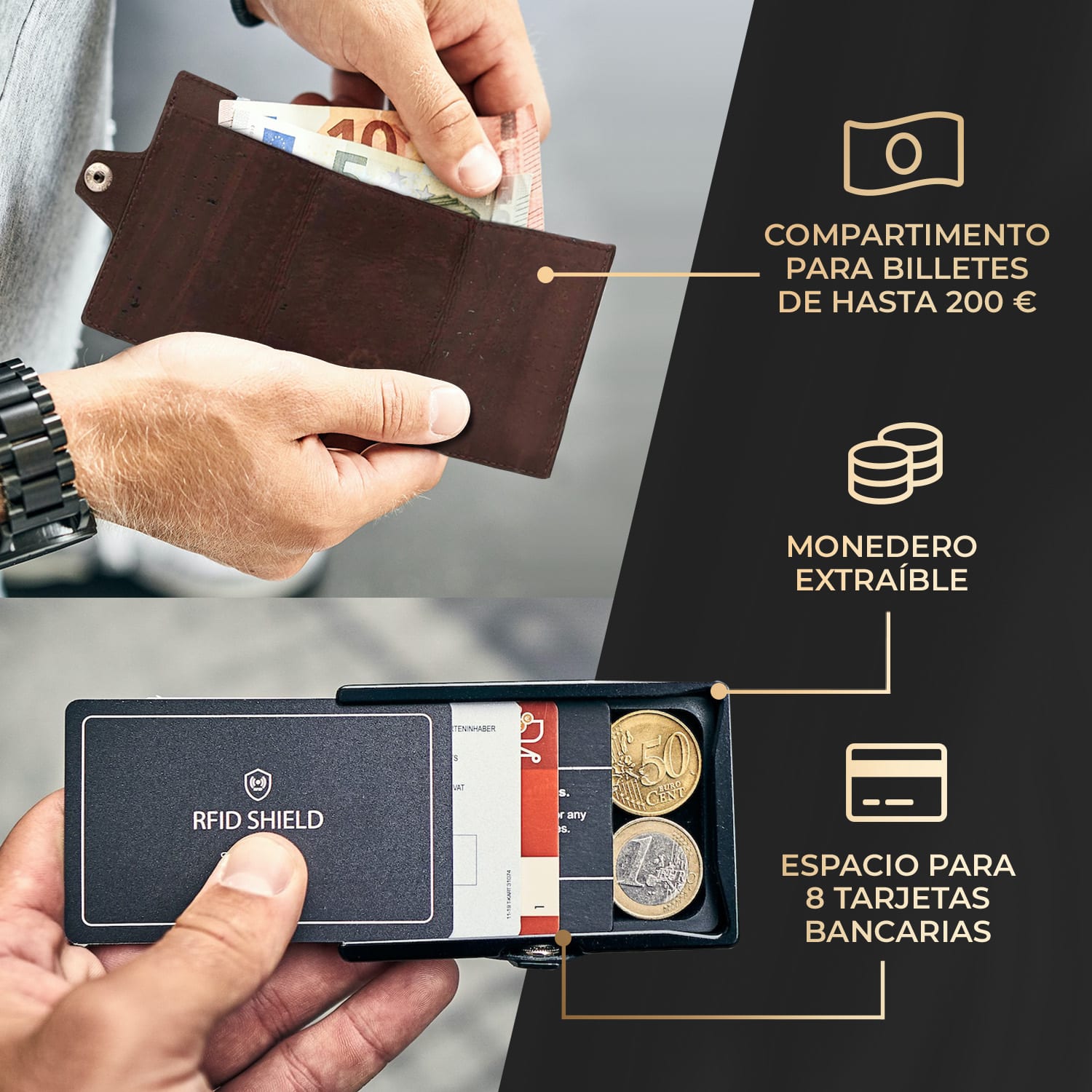 ZNAP Slim Wallet 8 Tarjetera monedero 8,9 x 1,5 x 6,3 cm (largo x grueso x ancho) protección RFID Estructura de corcho | Marrón Tierra