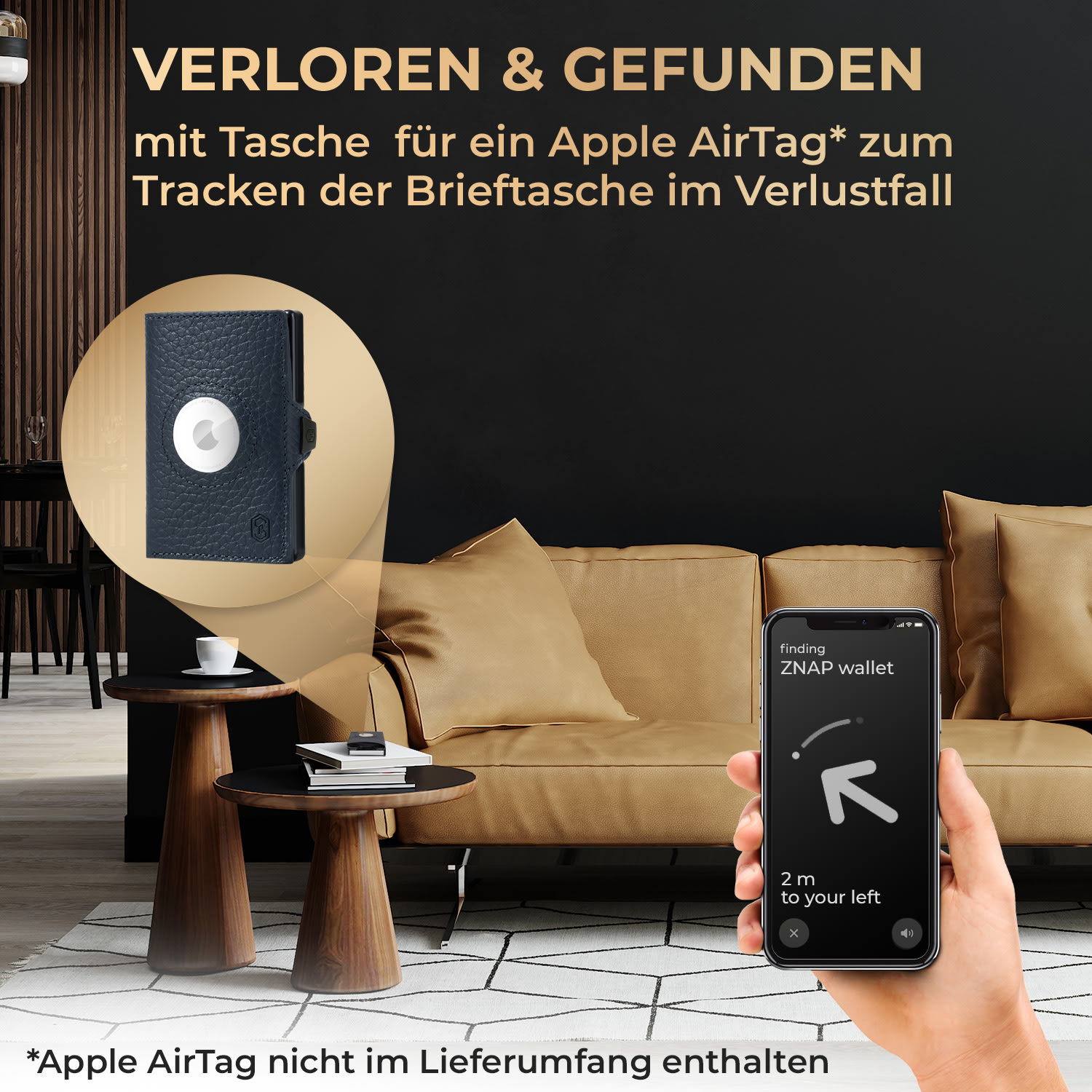 ZNAP Airtag Wallet 12 Karten Münzfach 8,9 x 1,8 x 6,3 cm (BxHxT) RFID-Schutz 