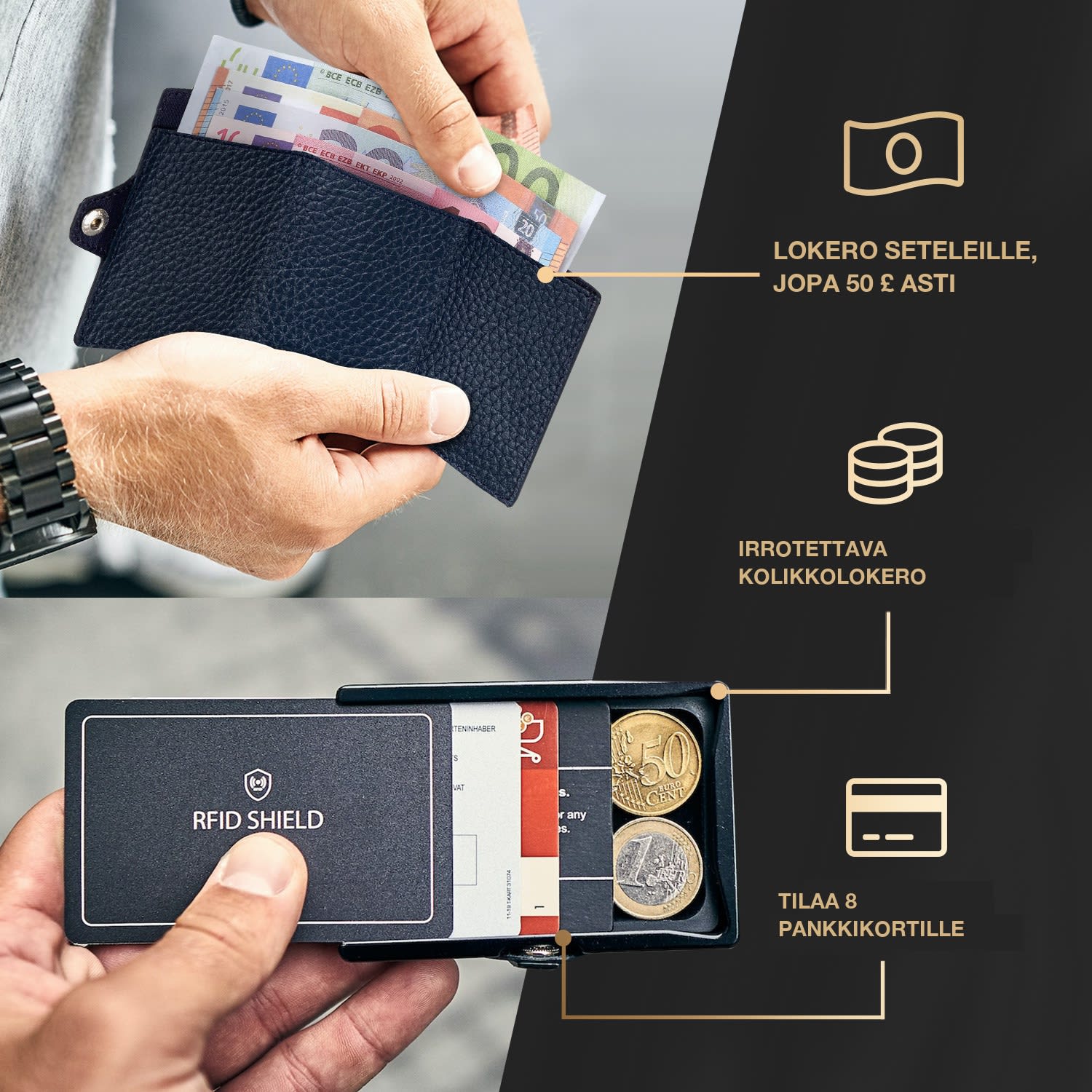 ZNAP Airtag-lompakko 8 kortille, kolikkotasku, 8,9 x 1,5 x 6,3 cm (LxKxS), RFID-suojaus jaettu | Sininen Valtameri