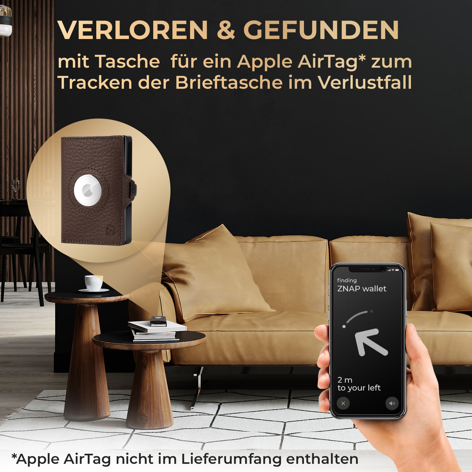 ZNAP Airtag Wallet 12 Karten Münzfach 8,9 x 1,8 x 6,3 cm (BxHxT) RFID-Schutz 